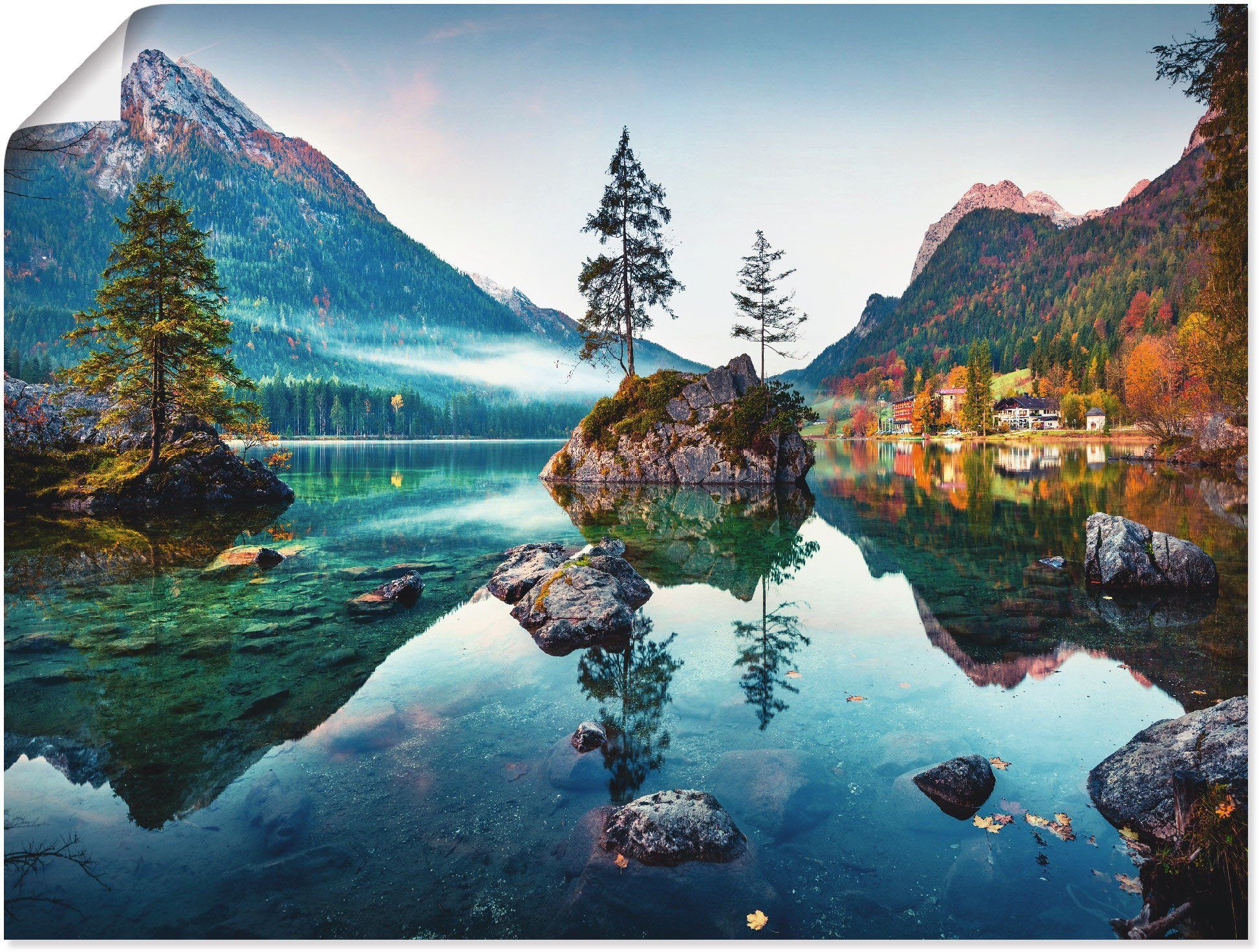 Poster versch. Artland Hintersee Seebilder St), als Wandaufkleber (1 Größen vor Alubild, Leinwandbild, oder Alpen, Herbstszene Wandbild des in