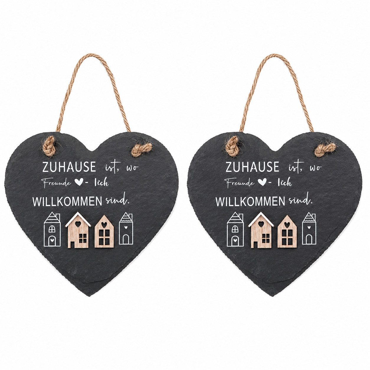 finehomegarden Wanddekoobjekt Schiefer Herzanhänger 2er Set 15 cm mit Spruch Dekorative Herzhänger (Set, 2 St., 2er-Set), aus Schiefer für Haus, Garten und Eingangsbereich