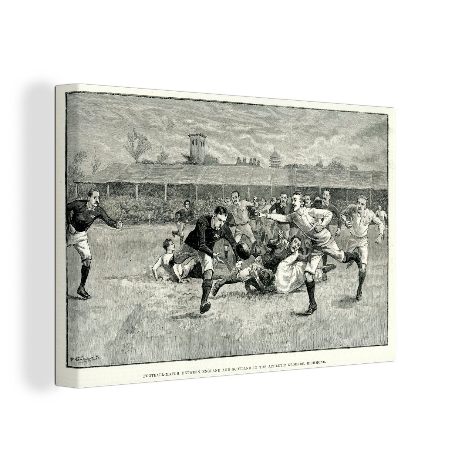 OneMillionCanvasses® Leinwandbild Eine Illustration eines historischen Rugbyspiels, (1 St), Wandbild Leinwandbilder, Aufhängefertig, Wanddeko, 30x20 cm
