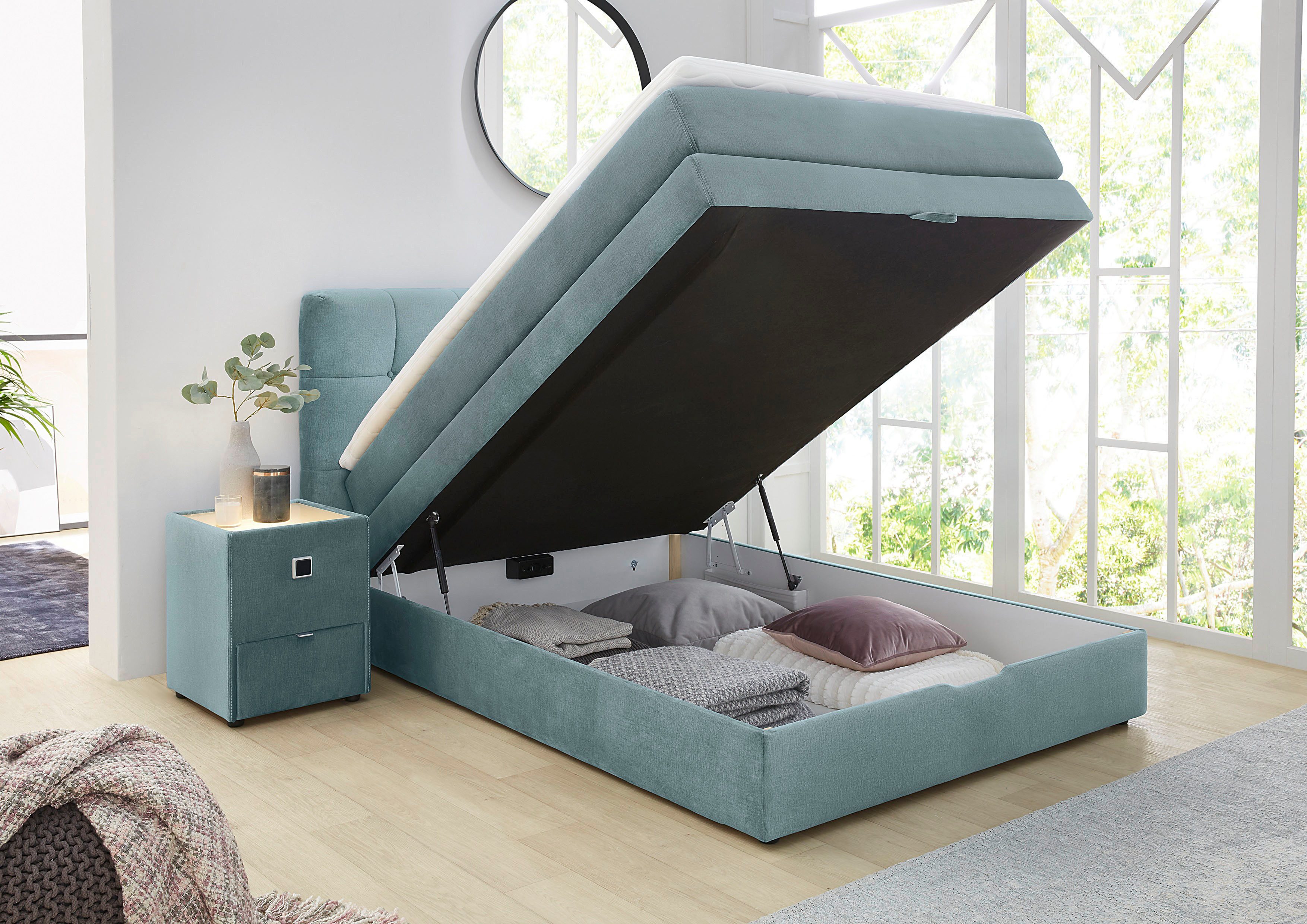 Jockenhöfer Gruppe Boxspringbett AMY in Samt, erhältlich in den Breiten 120cm & 140cm, mit Bettkasten und Topper