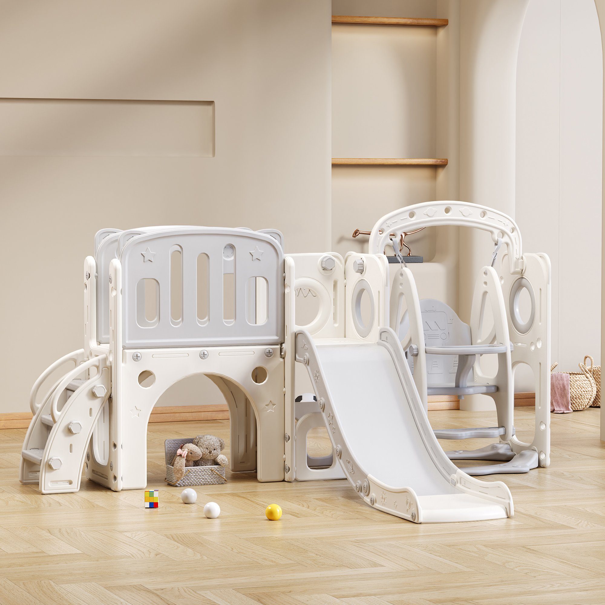 REDOM Rutsche 7 in 1 Kinderrutsche, (Spielturm mit Schaukel Plattform), Bodenschrankfach Basketballkorb und Kletterleiter