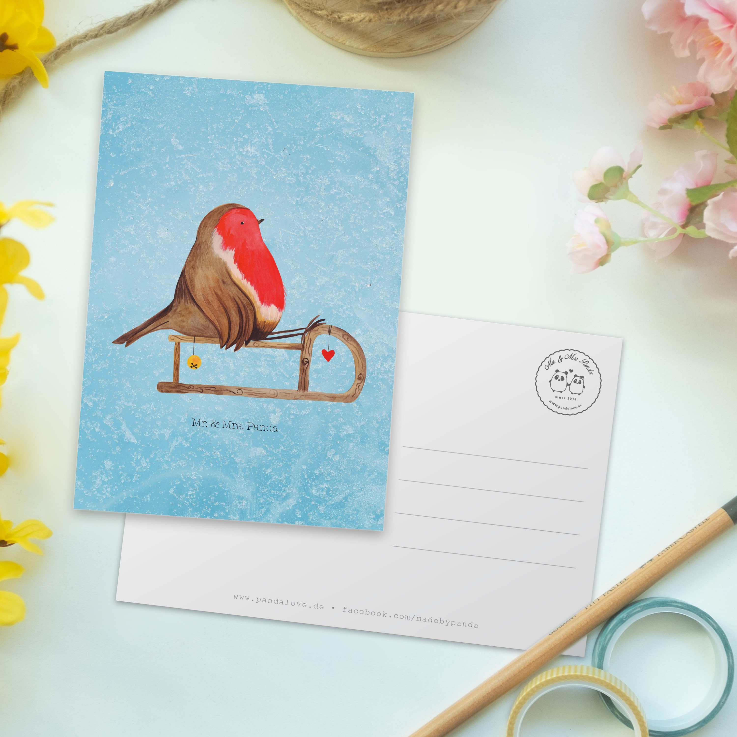 Mr. & Mrs. Panda Postkarte Eisblau Einladung, Geschenk, - Rotkehlchen - Schlitten Vogel Karte