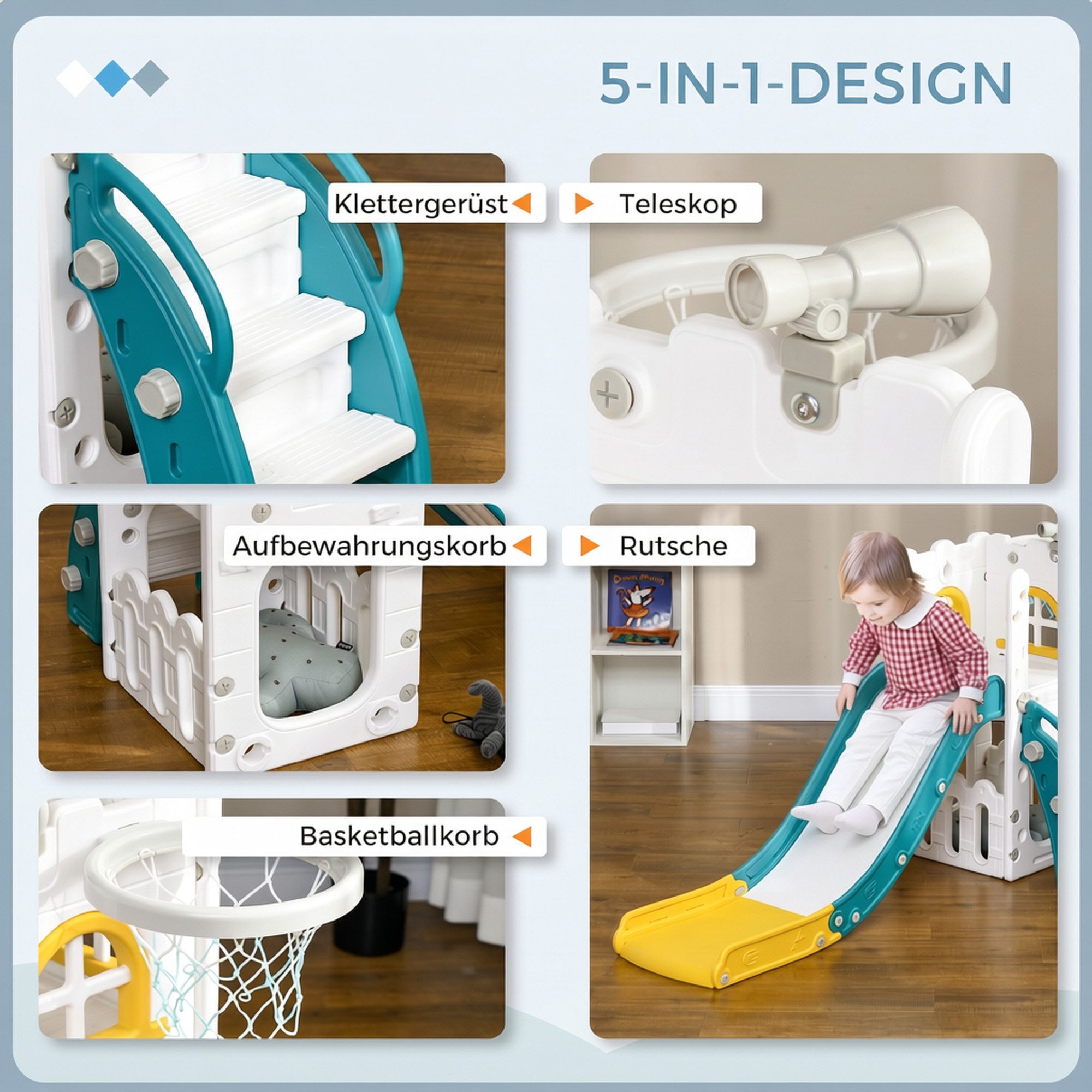 AIYAPLAY Rutsche Kinder 7-in-1 Klettergerüst mit Basketballkorb, (Kleinkinderrutsche, 1-tlg., 5 in 1 Kinderrutsche), für Kinder 1-3 Jahre, Indoor, Gelb 70 x 177 – Bild 4 von 5