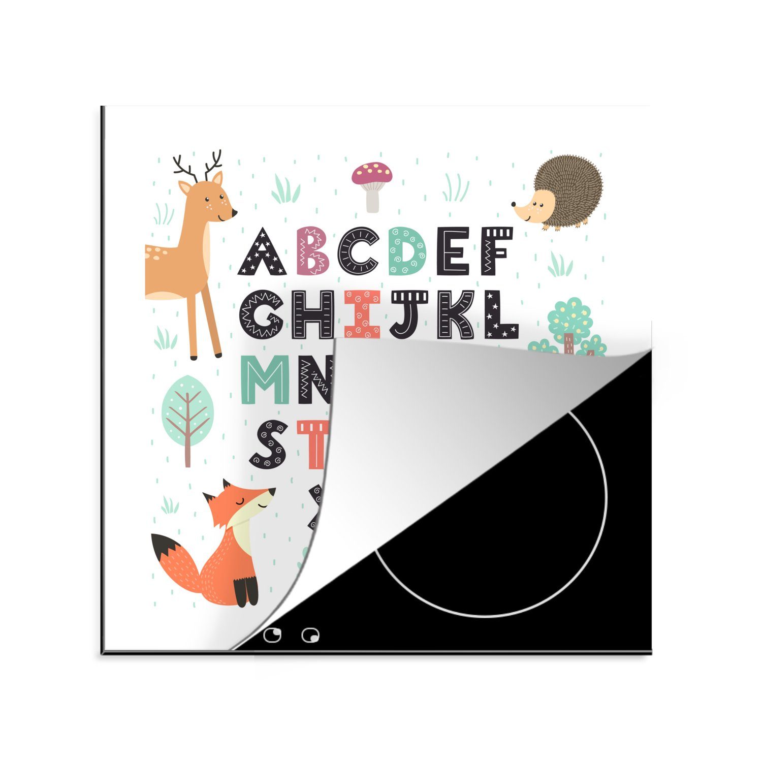 MuchoWow Herdblende-/Abdeckplatte Illustration Alphabet mit fröhlichen Waldtieren, Vinyl, (1 tlg), 78x78 cm, Ceranfeldabdeckung, Arbeitsplatte für küche