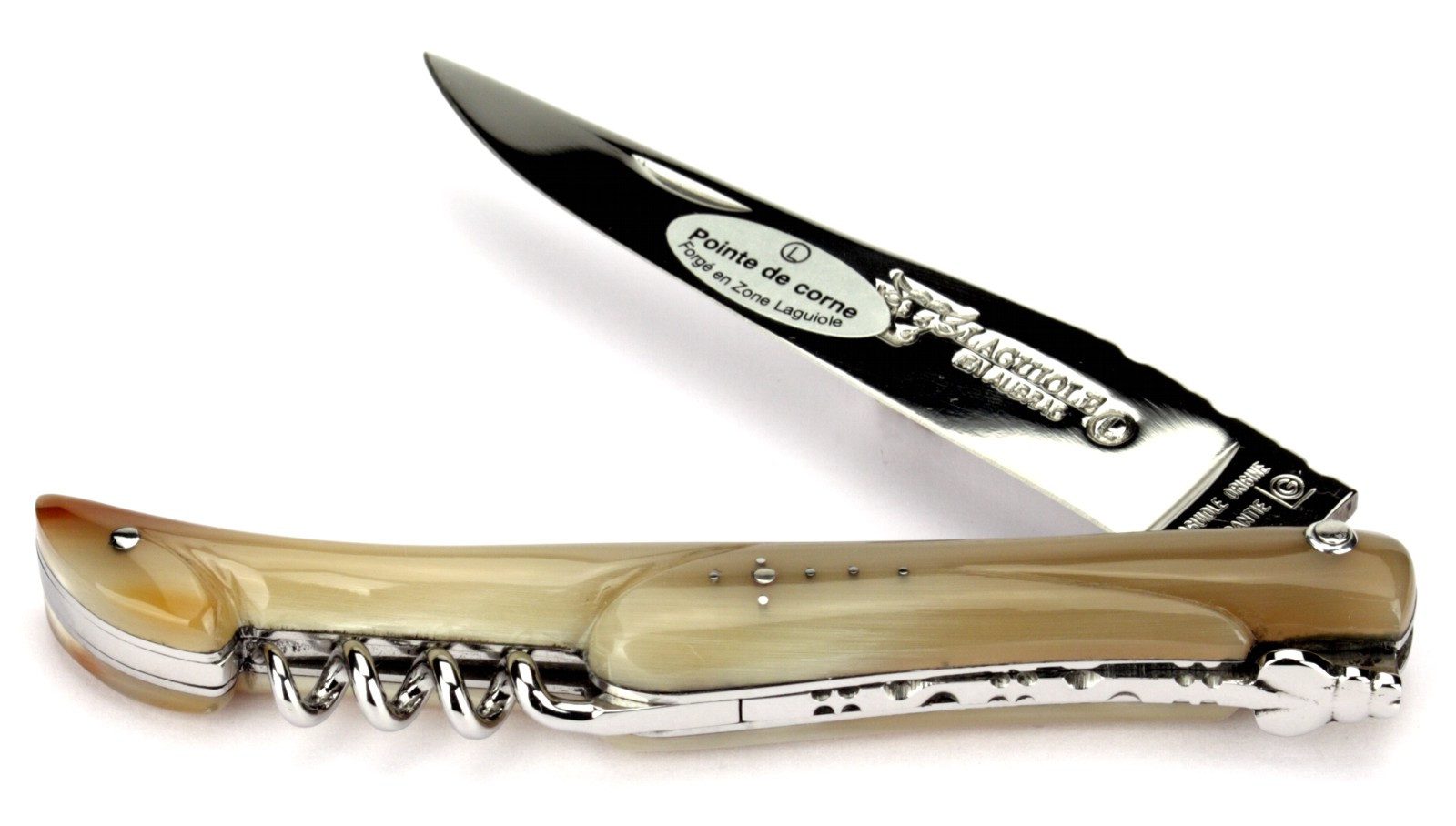 Laguiole en Aubrac Taschenmesser L0612PCIF, Griff 12cm Hornspitze - Feder verziert - Korkenzieher - Stahl glänzend