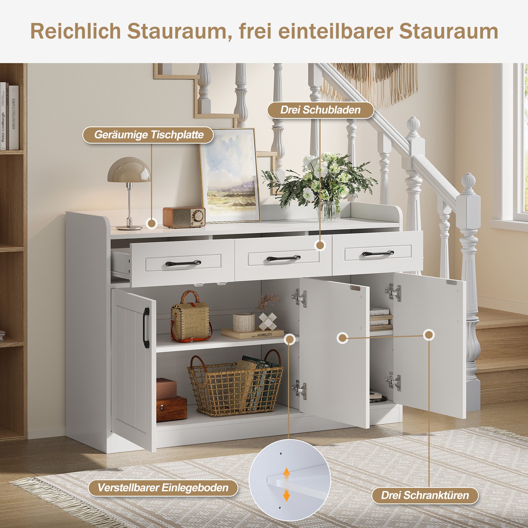 Merax Sideboard mit Verstellbaren Einlegeböden (120 x 35 x 80 cm, 1 St), Wohnzimmerschrank mit 3 Schubladen, 3 Türen & Stauraum,Schrank,Kommode – Bild 4 von 5