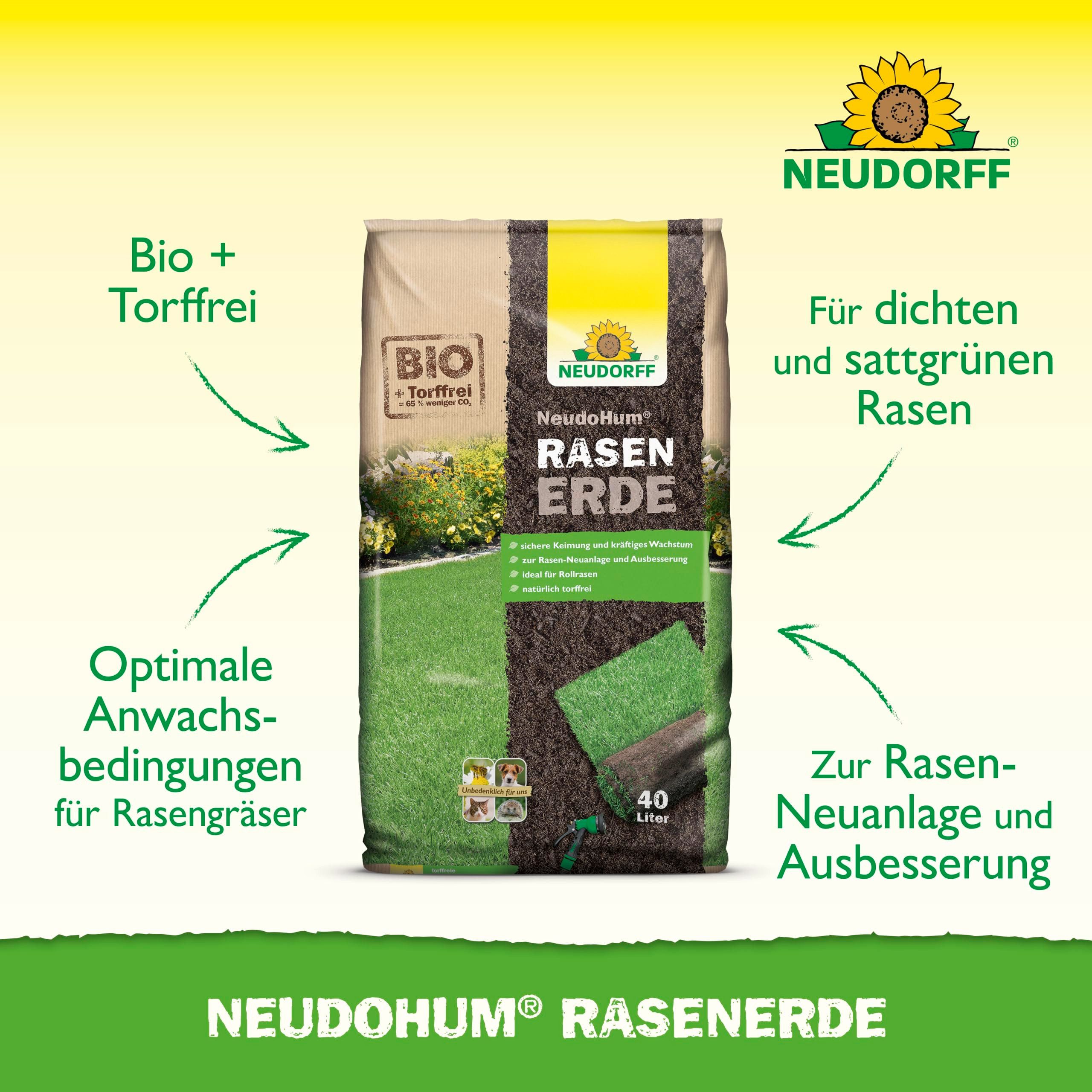 Neudorff Pflanzerde NeudoHum RasenErde 40 Liter, (Torffreie Bio-Erde für schnelle Rasen-Samenkeimung, Rasensubstrat für 8 Wochen vorgedüngt), ideal für Rollrasen & dichten, sattgrünen Rasen