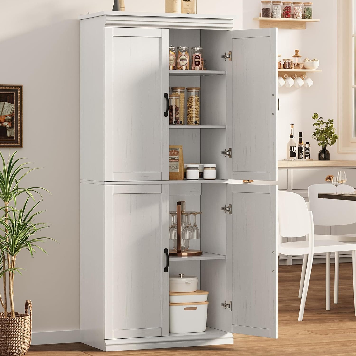 GarveeMore Mehrzweckschrank mit Türen und verstellbaren Regalen,178cm Vorratsschrank Hochschrank für Badezimmer,Esszimmer,Wohnzimmer