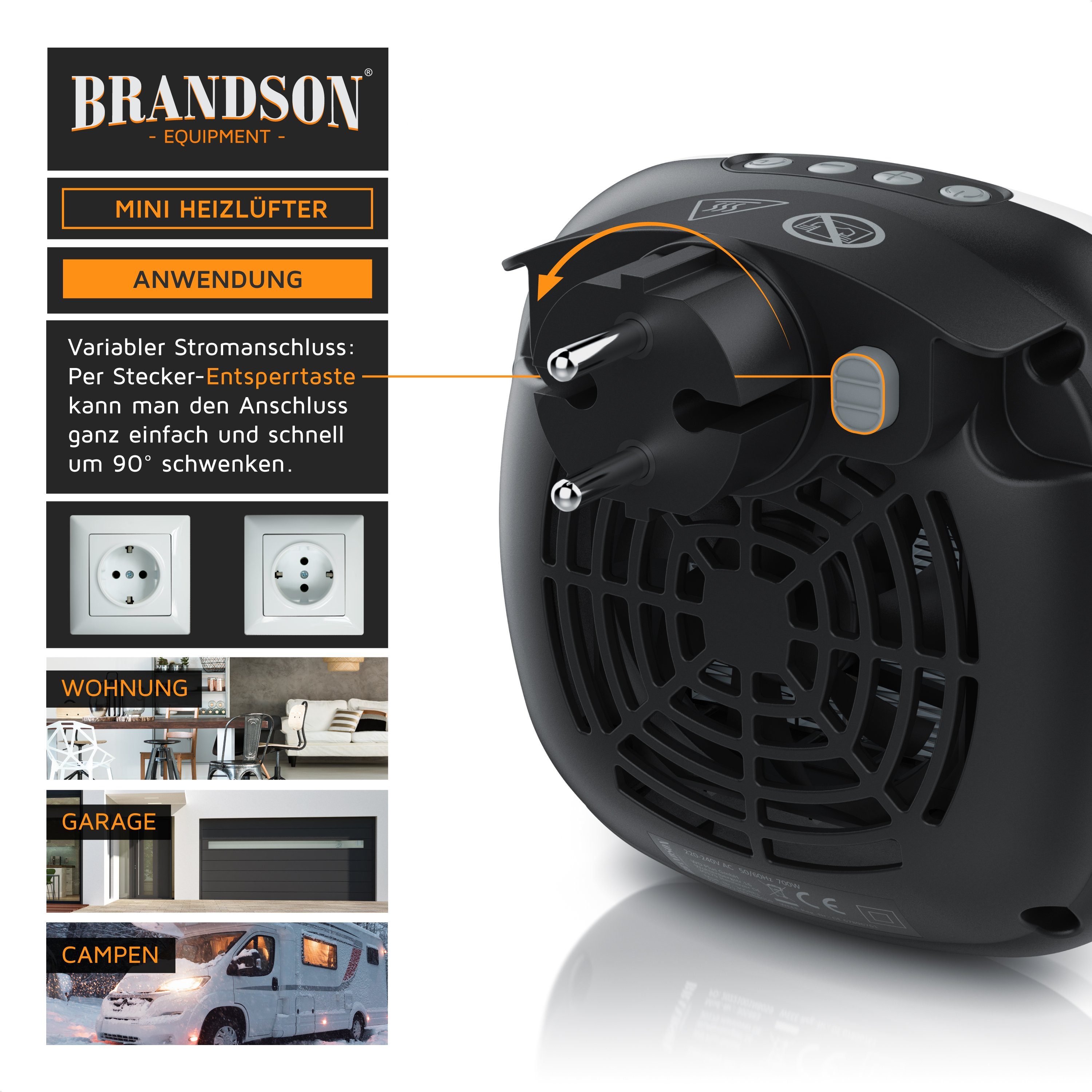 Brandson Keramikheizlüfter Steckdosen Mini Heizlüfter, Mini Keramikheizgerät, Temperaturregelung, 700 W, Mit Fernbedienung, Ventilatorfunktion, Timer und Sicherheitsschalter