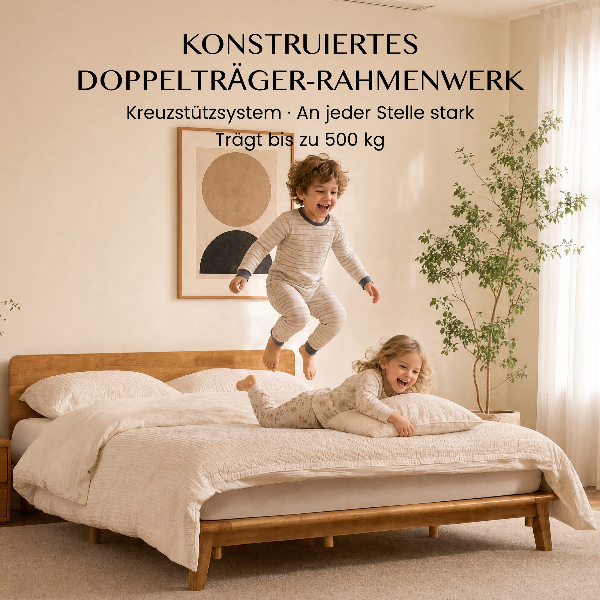 FLEXISPOT Bettgestell 160 x 200 cm aus Gummibaumholz, Futonbett aus Massivholz (Massivholz-Plattformbett, bis 500KG, für Matratzen 135-160 cm, inkl. Lattenrost) – Bild 3 von 5