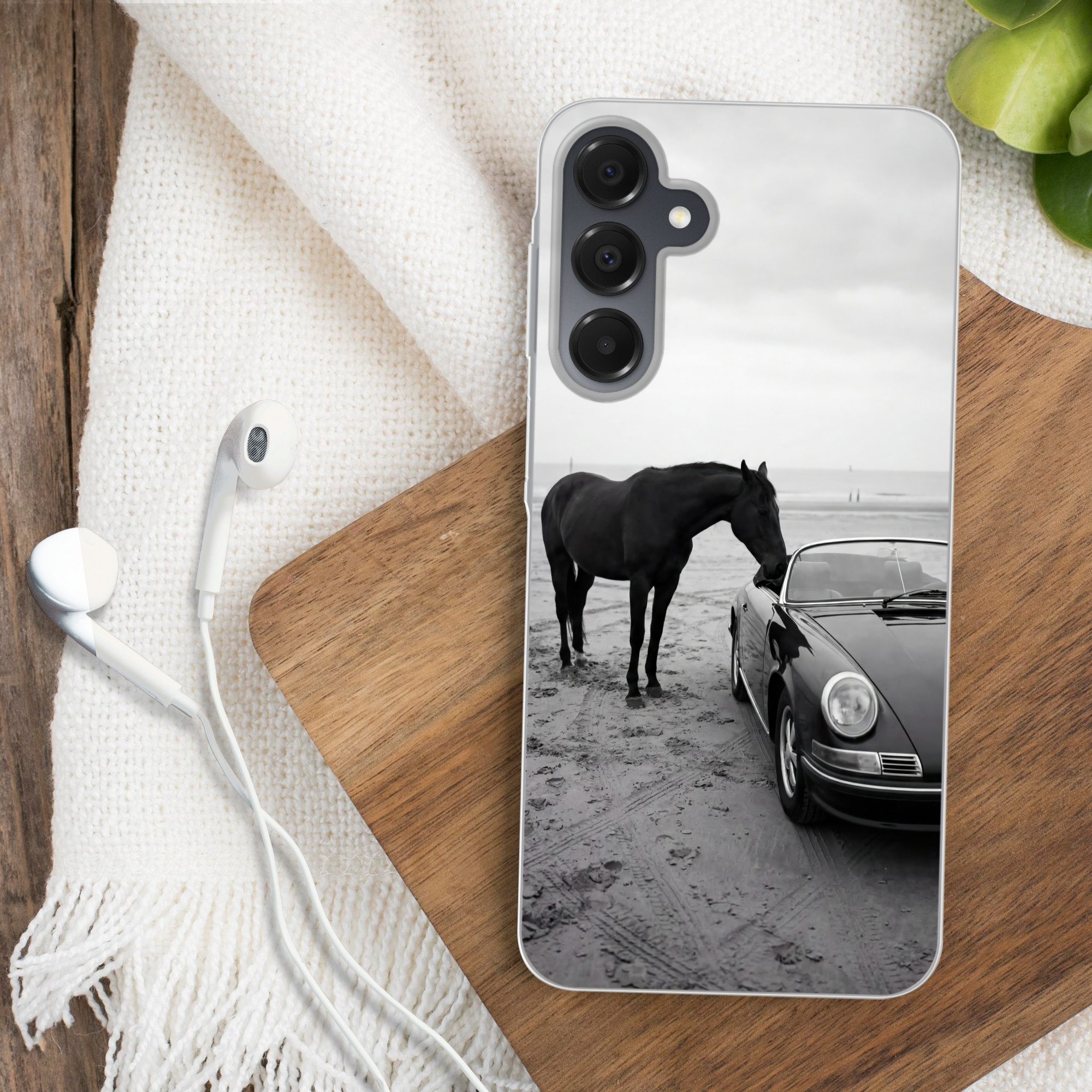 MuchoWow Handyhülle für Samsung Galaxy A16 Pferd - Auto - Schwarz - Weiß, Handy Case, Silikon, Bumper Case Dünn