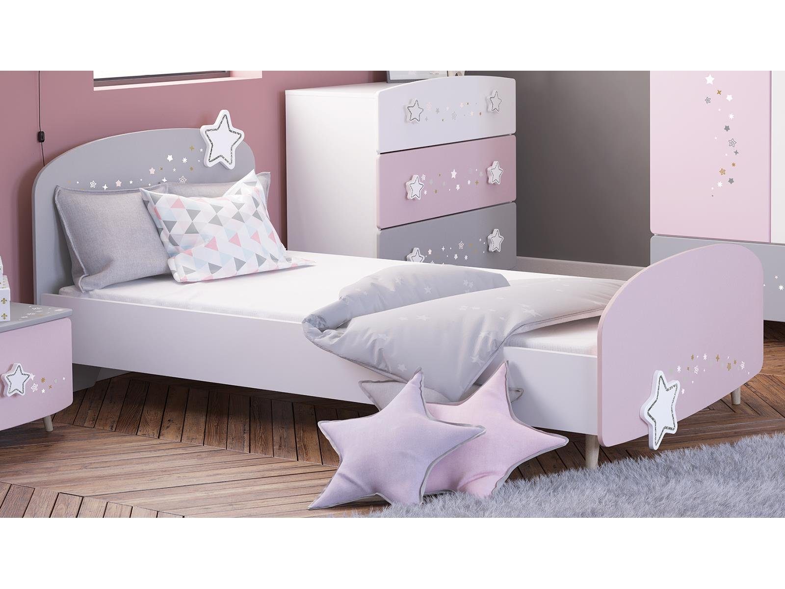 möbelando Kinderbett Savannah, Modernes Kinder-Bett in Pastellfarben (Weiß/Grau/Rosa), Korpus aus Spanplatte, Front aus MDF, Liegefläche 90 x 200 cm. Breite 97 cm, Höhe 77 cm, Tiefe 204,5 cm