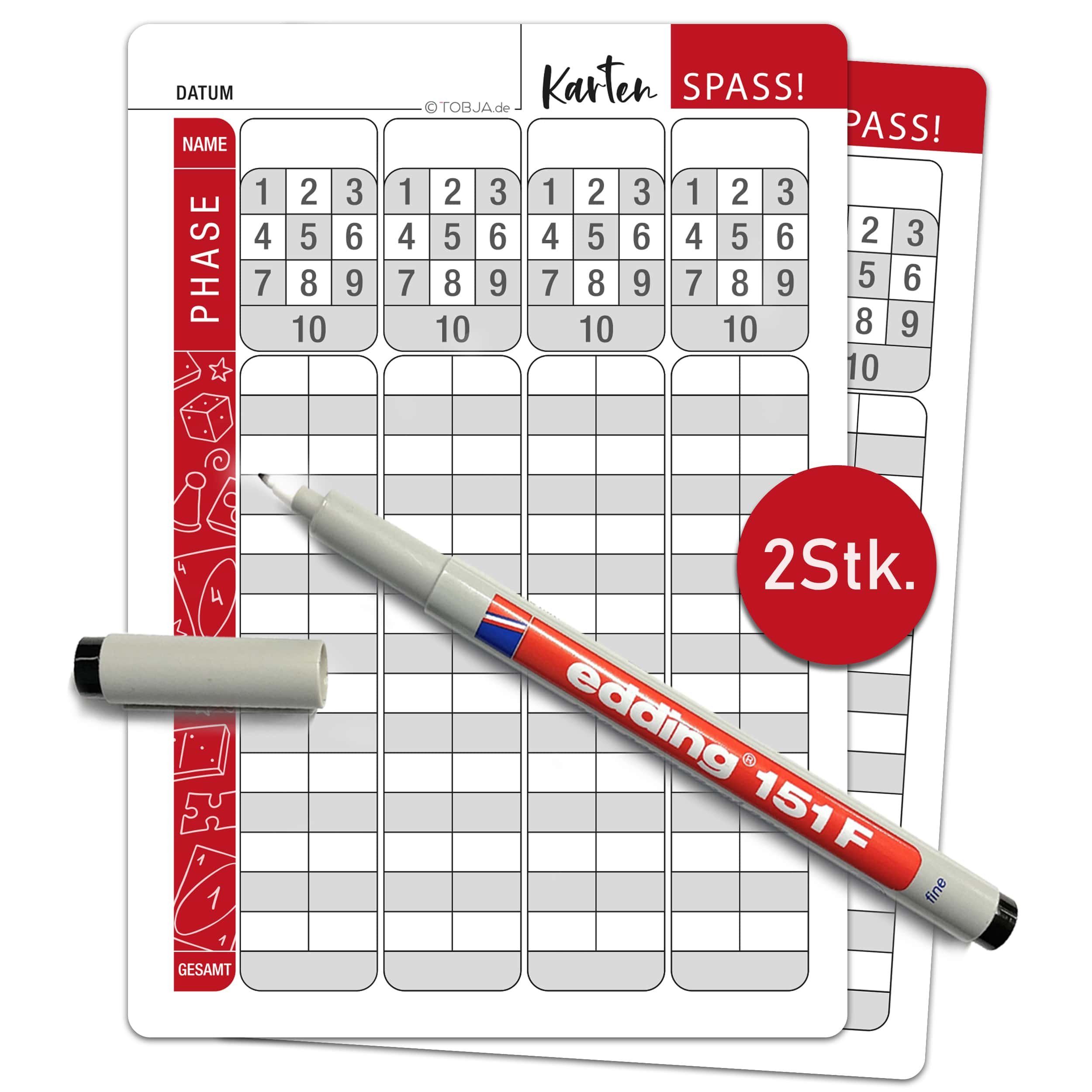TOBJA Spiel Ersatzblock 2 Blatt Senioren Kartenspiel, Logikspiel, Wertungsblatt abwischbar Phase inkl. Stift