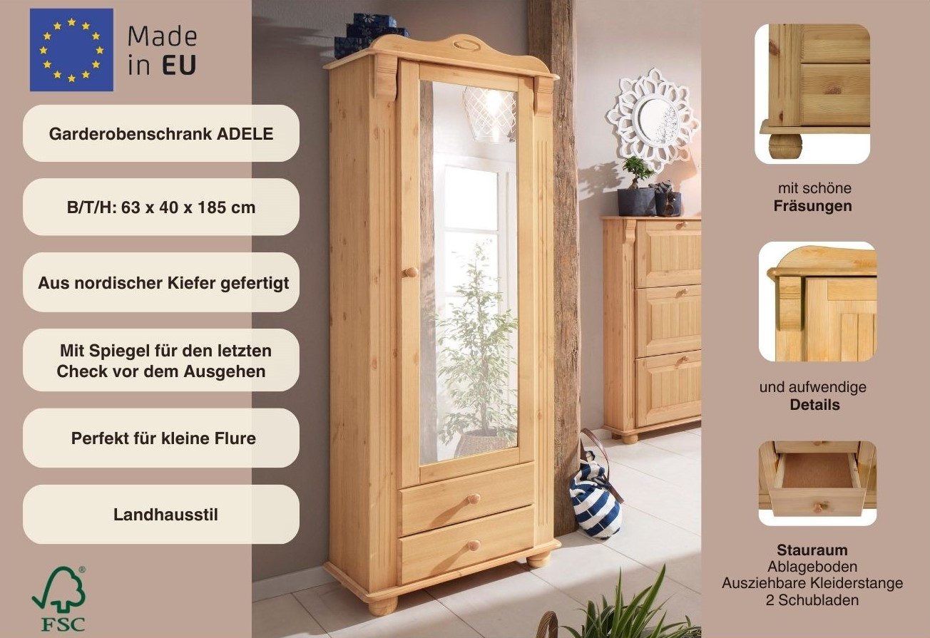 OTTO home Garderobenschrank Adele mit Spiegel, Breite 63 cm, mit 2 Schubladen, aus massiver Kiefer, FSC®