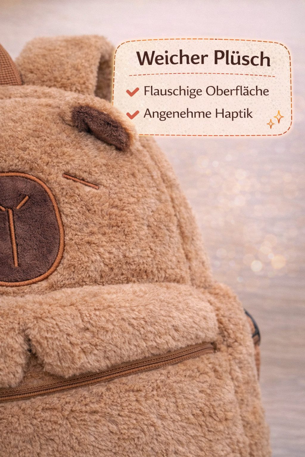 soma Schulrucksack Plüsch Kinder Rucksack Capybara braun mit Frontfach Reißverschluss (Set, 1-tlg., Geschenk-Set), Flauschiger Kinder Rucksack mit Capybara Moti – Bild 5 von 5