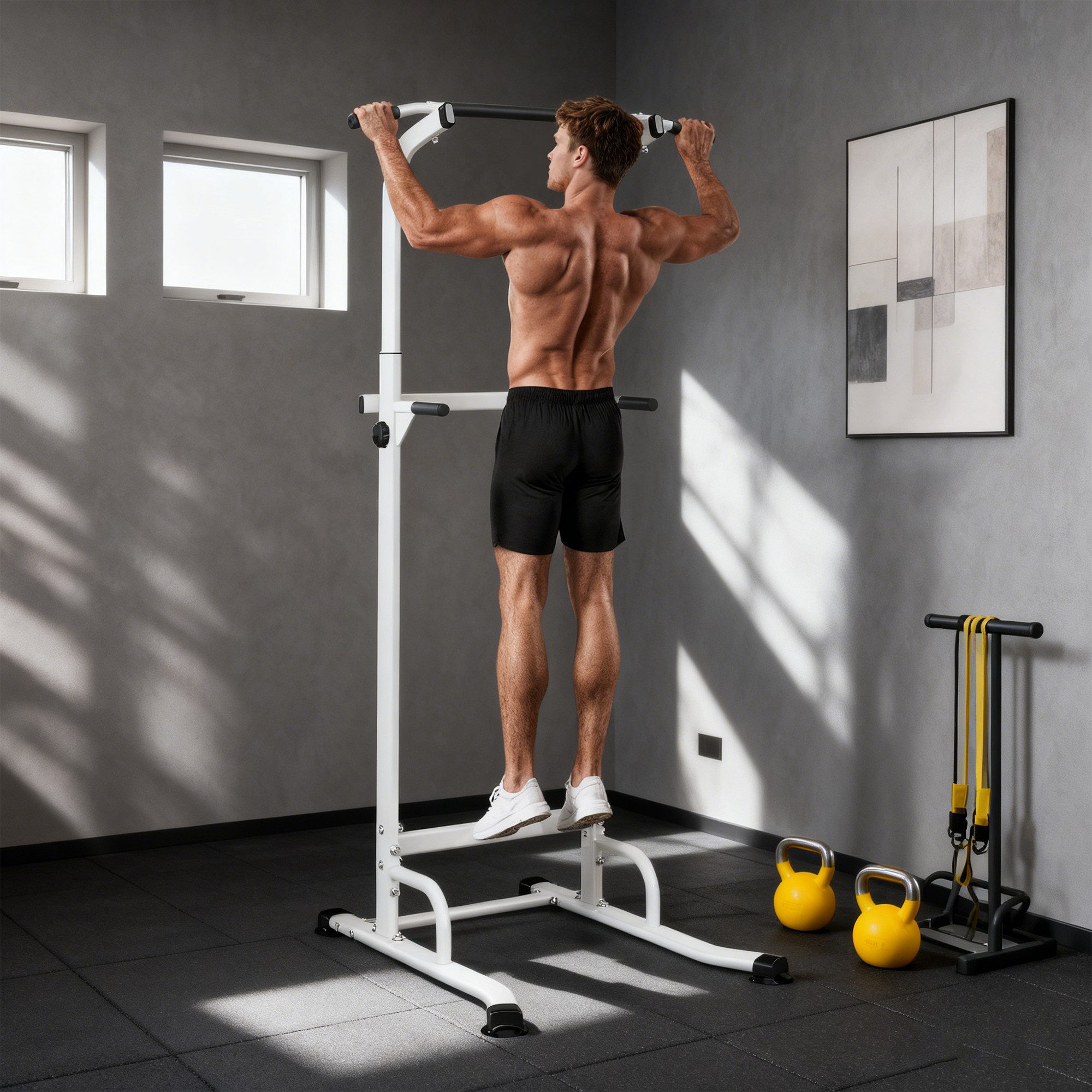 SPORTNOW Kraftstation Klimmzugstange mit Stahlrahmen, 0 Gewichtsblöcke (Set, 1-tlg., 1x Power Tower Dip-Station), 12-fach höhenverstellbar, bis 120 kg