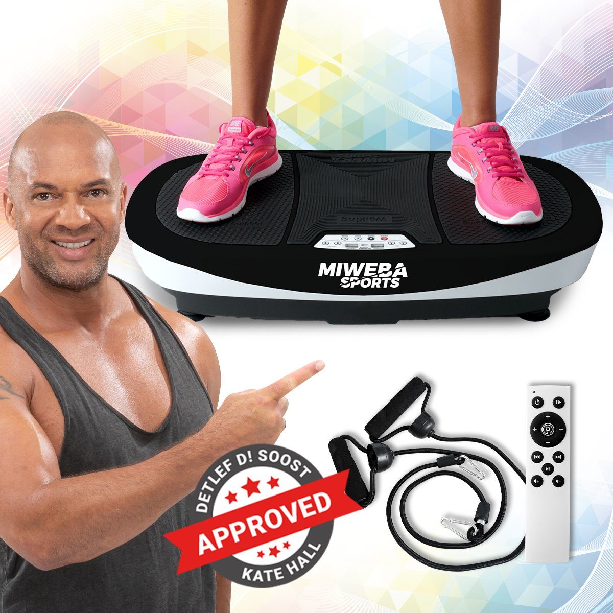 Miweba Sports Vibrationsplatte Vibrationsboard MV200 inkl. Fernbedienung - 3D-Vibration, 400 W, 99 Intensitätsstufen, (Widerstandsbänder & Übungsposter, LED-Display, Ganzkörpertraining, Fettverbrennung, Trainingsgerät, Sportgeräte Fitnessgeräte für Zuhause, 3 tlg., Bluetooth, 6 vordefinierte Trainingsprogramme, 2 Motoren, 150 kg Traglast), 3 J. Garantie - Vibrationstrainer Sportgerät Fitnessgerät Schwarz