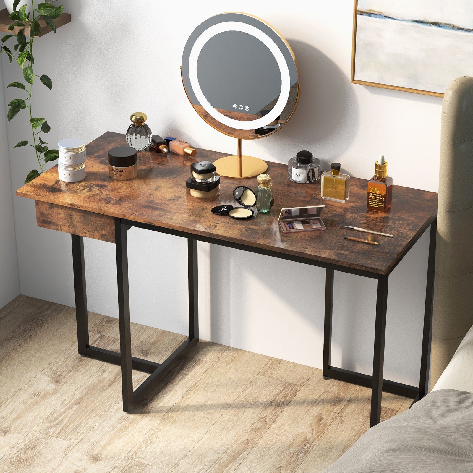 COSTWAY Schreibtisch, mit Schublade, Metallgestell, 120x55x75cm Holz, Braun