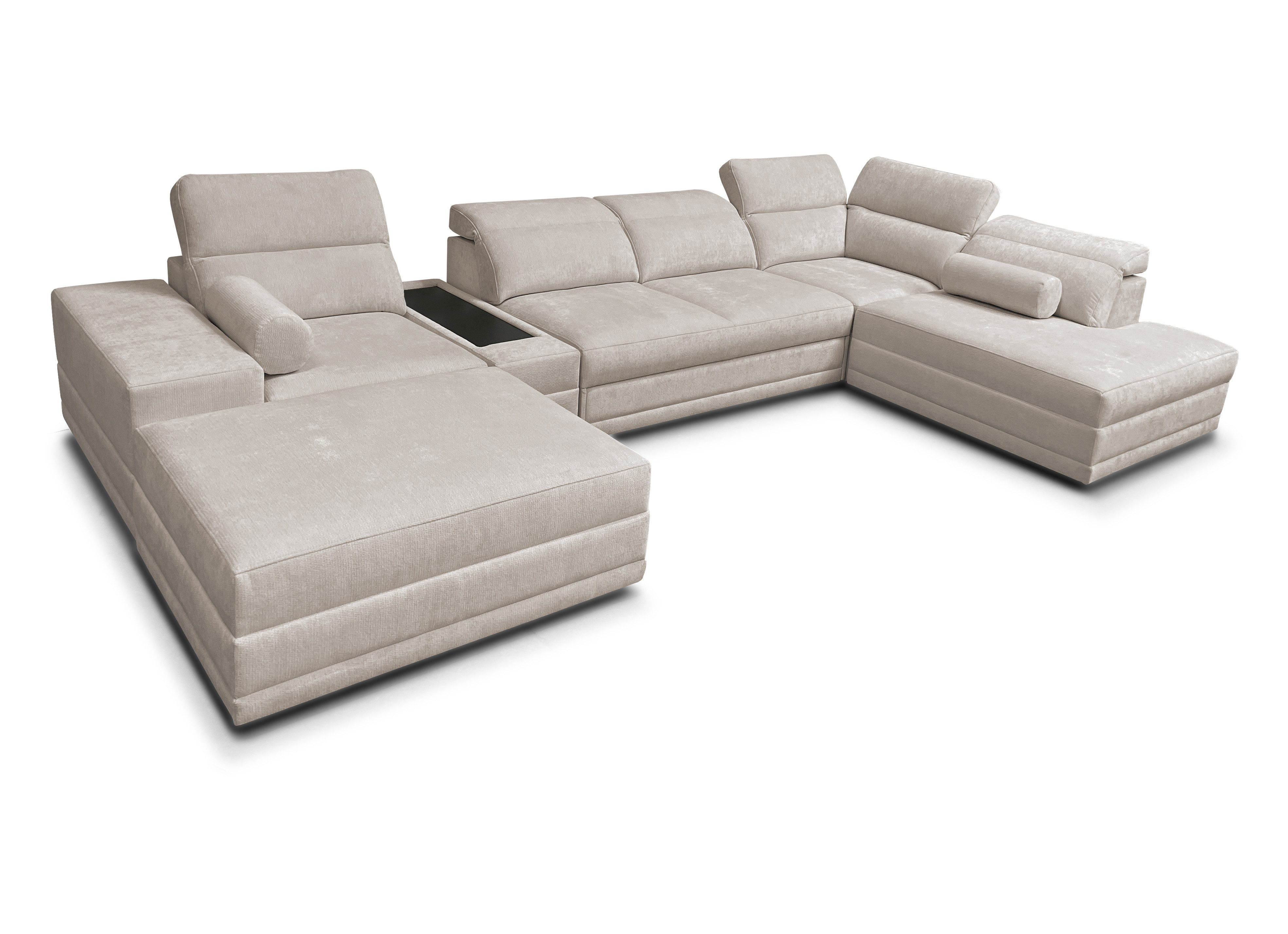 Möbel für Dich Wohnlandschaft Enzo 5 in U-Form mit Mittelkonsole und freistellbarem Hocker, mit Schlaffunktion, 2 Bettkästen und verstellbaren Kopfstützen