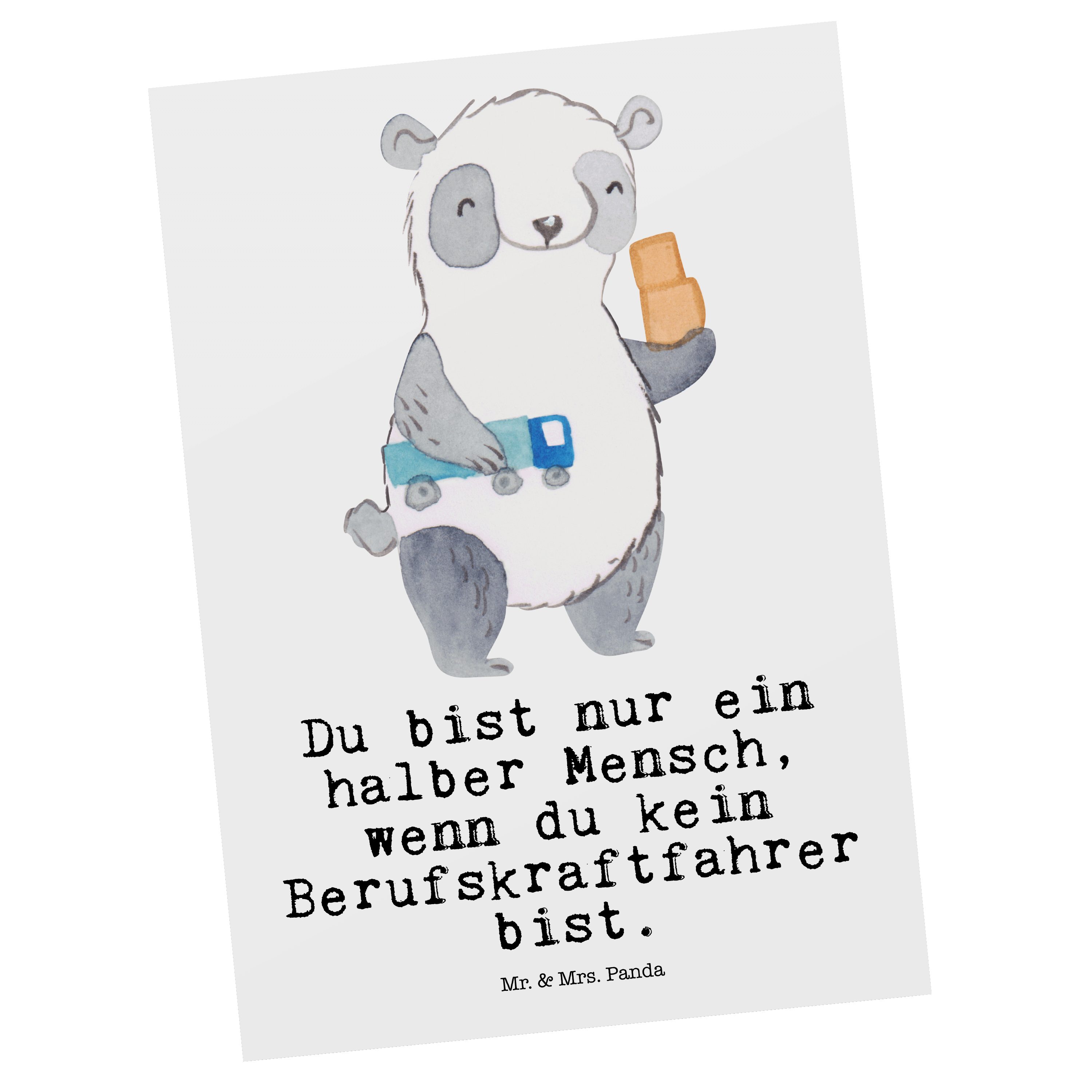Mr. & Weiß - Schenken, Geschenkkarte Berufskraftfahrer - Herz Panda mit Geschenk, Mrs. Postkarte