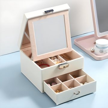 Retoo Schmuckkasten Schmuckkästchen Schmuckkasten Schmuckkoffer Reise Jewelry Box Creme (SET, Koffer Schlüssel Rutschfeste Beine Originalverpackung Anleitung), Spiegel und Verschluss dem Schlüssel Praktische Anordnung der Schachte