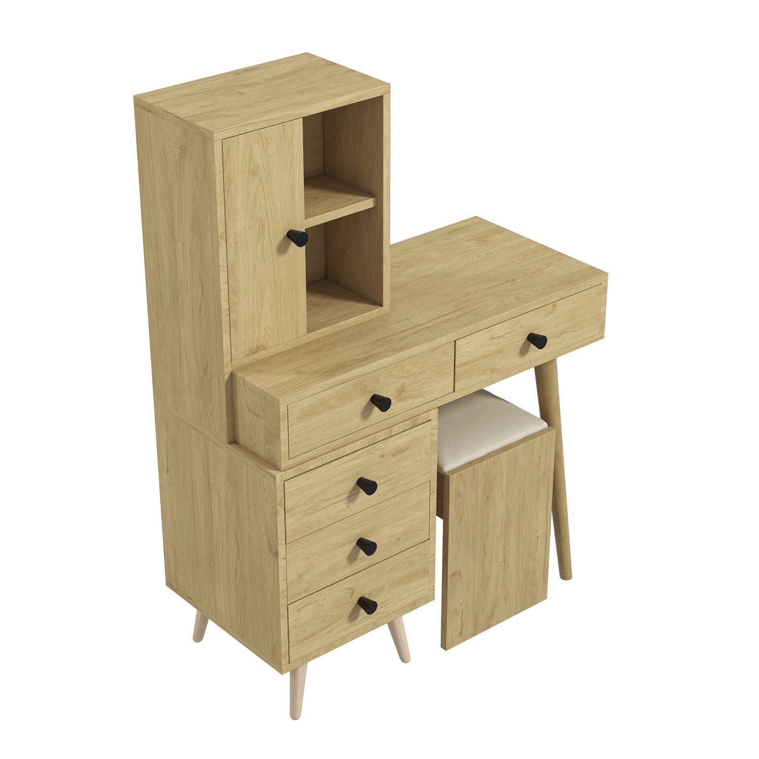 ANYSUN Schminktisch Schminktisch mit Spiegel, Hocker und Schubladen, Eiche Optik., 120 cm hoch, bis 50 kg belastbar, stabile Konstruktion.