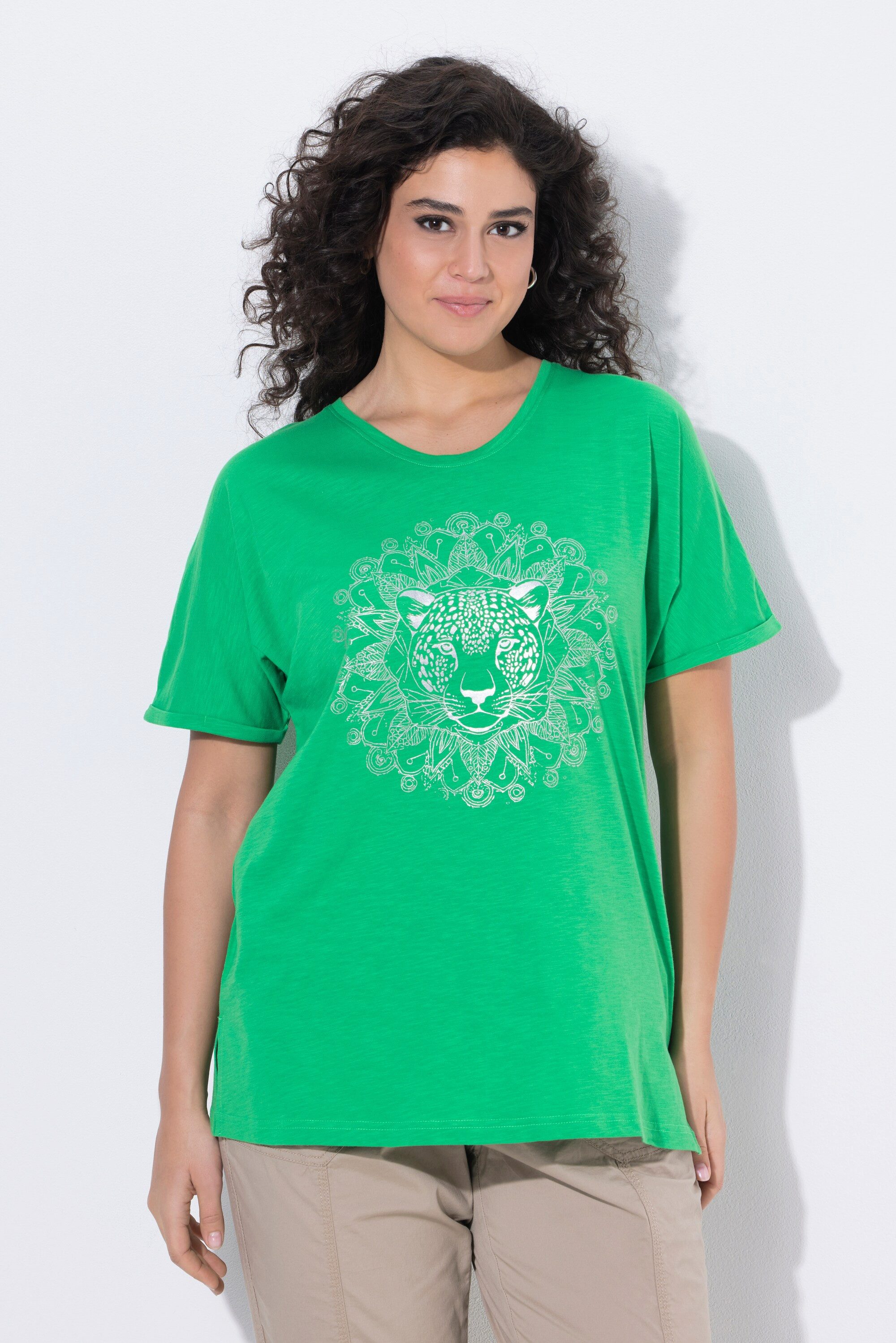 Ulla Popken T-Shirt T-Shirt Metallic-Tiermandala V-Ausschnitt Halbarm