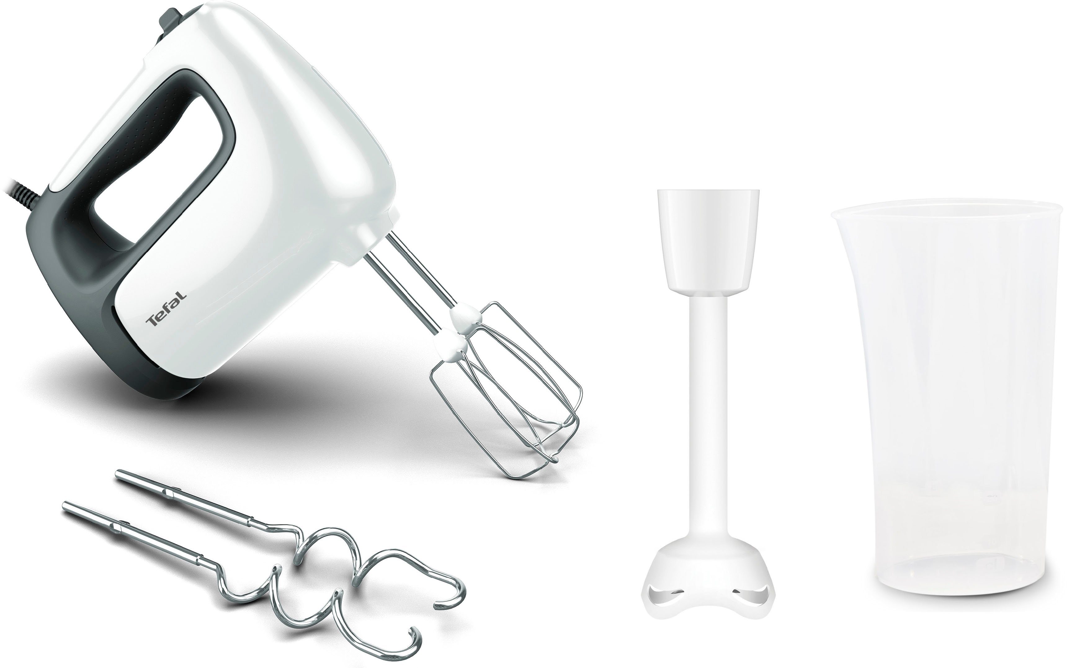 Tefal Handmixer HT4611 Prep'Mix+, 500 W, Turbo-Funktion, 2 Rührbesen, 2 Knethaken, Pürierstab-Aufsatz