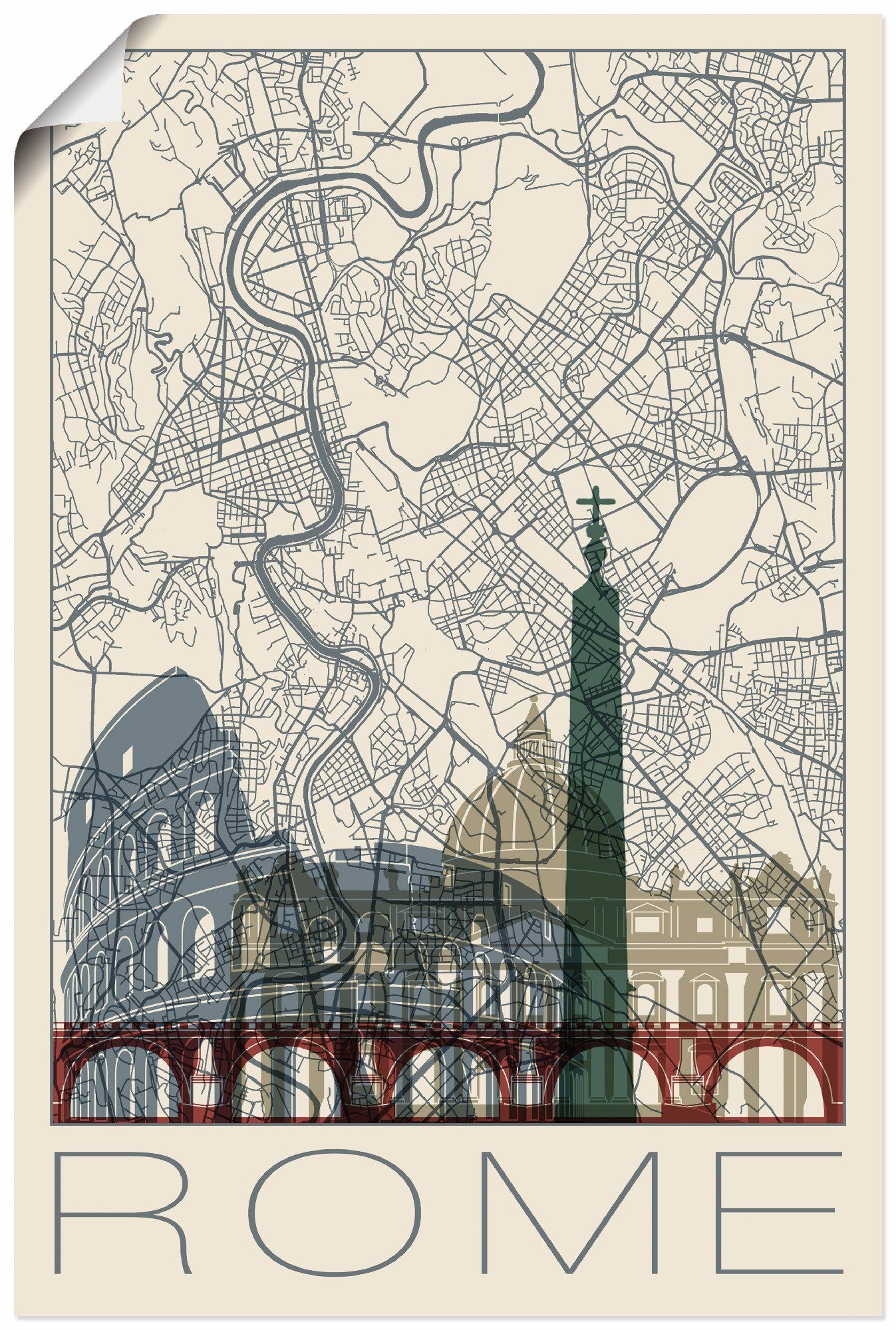 Artland Poster Retro Karte Rom Italien und Skyline, Italien (1 St), ohne Rahmen