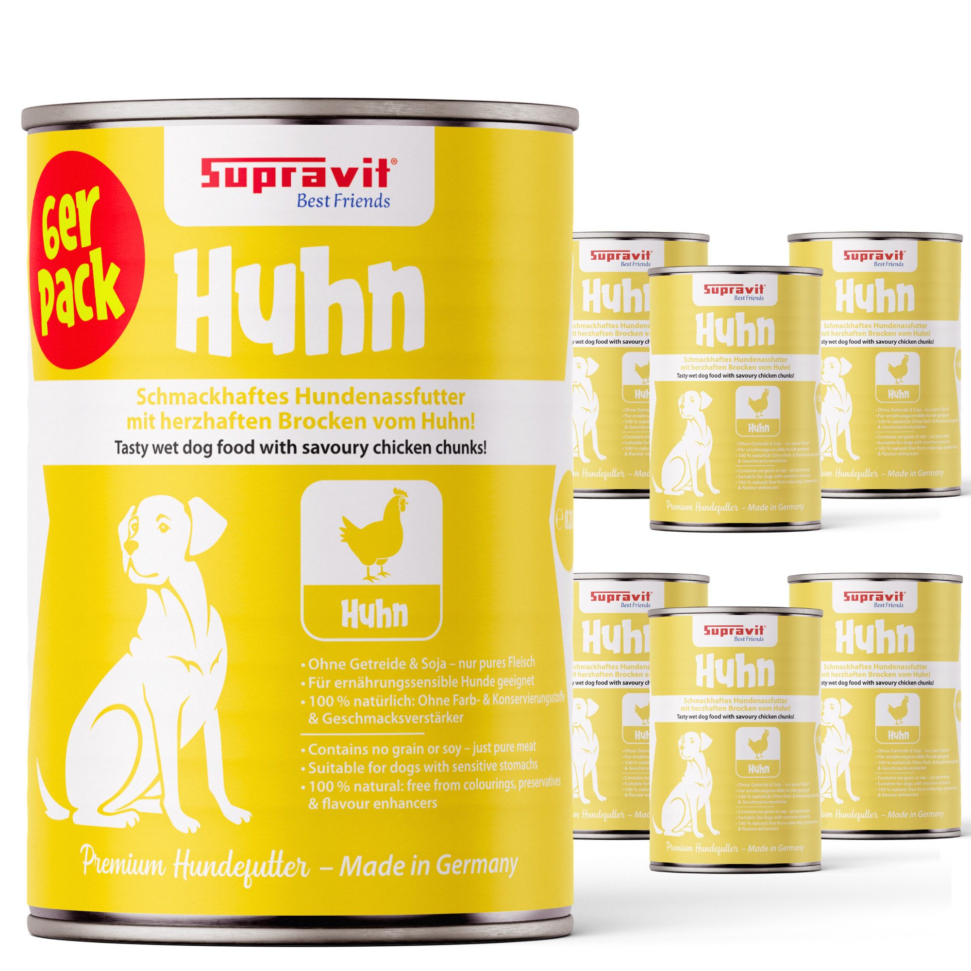 Supravit Nassfutter für Hunde 6 x 820g Dosen - Schmackhaftes Hundefutter nass Huhn, Nassfutter für: Hund von Supravit