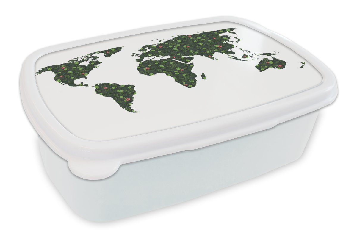 MuchoWow Lunchbox Weltkarte - Tropische Pflanzen - Weiß, Kunststoff, (2-tlg), Brotbox für Kinder und Erwachsene, Brotdose, für Jungs und Mädchen