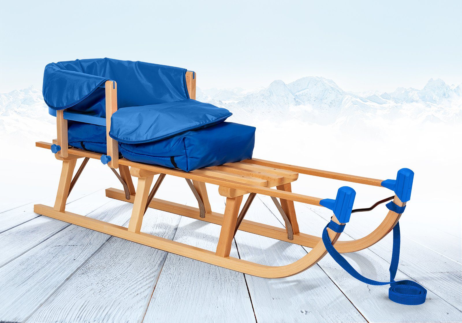 Rodelberg Davoser Schlitten Rodelberg® Davos-Schlitten Holz 115 cm,  Zuggurt, Lehne, Fußsack Blau