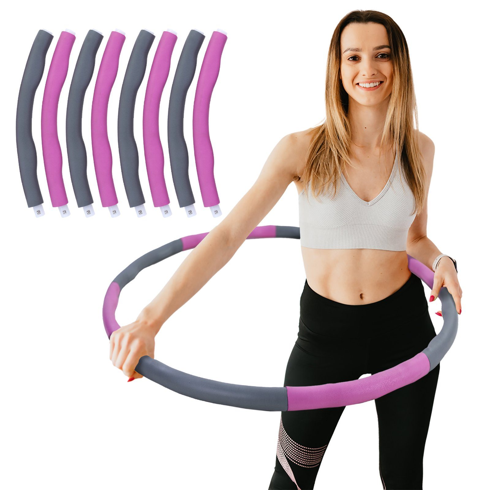 RAMROXX Hula-Hoop-Reifen Fitness Reifen 8 Teile gepolstert Durchmesser einstellbar Grau Pink
