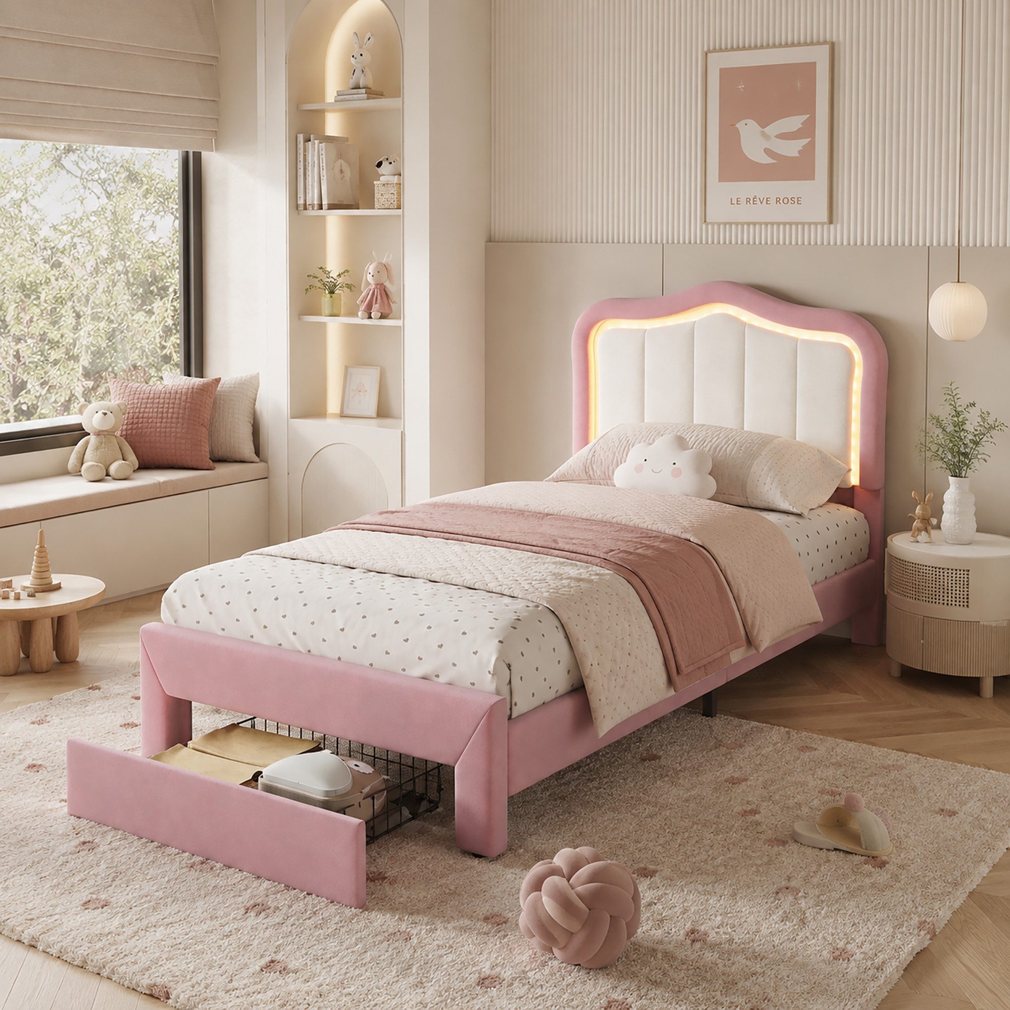 Flieks Polsterbett, Kinderbett 90x200cm mit Schublade und LED-Beleuchtung