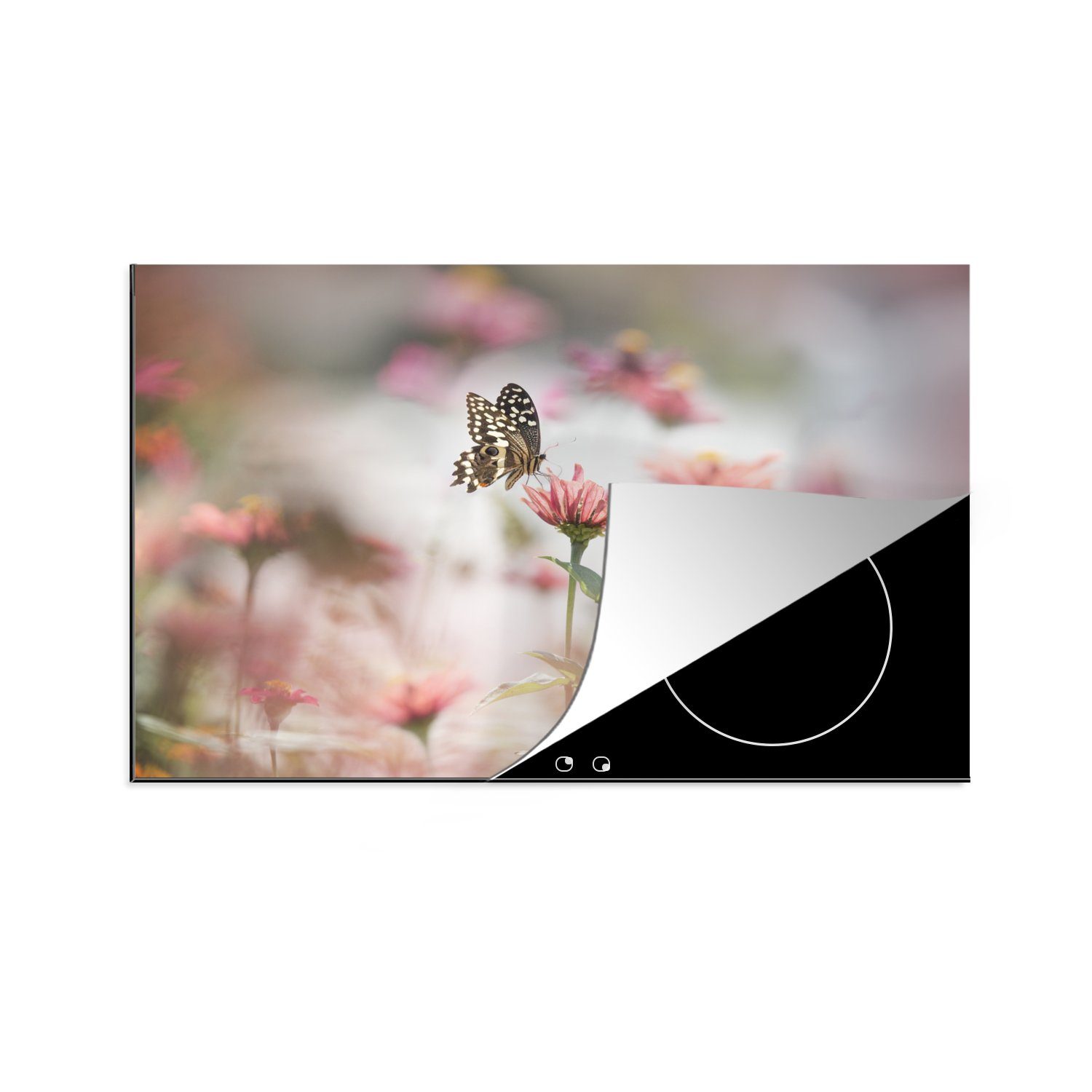 Ceranfeldabdeckung 81x52 tlg), Rosa, Schmetterling Induktionskochfeld die cm, Herdblende-/Abdeckplatte Schutz küche, MuchoWow - für Blume (1 Vinyl, -