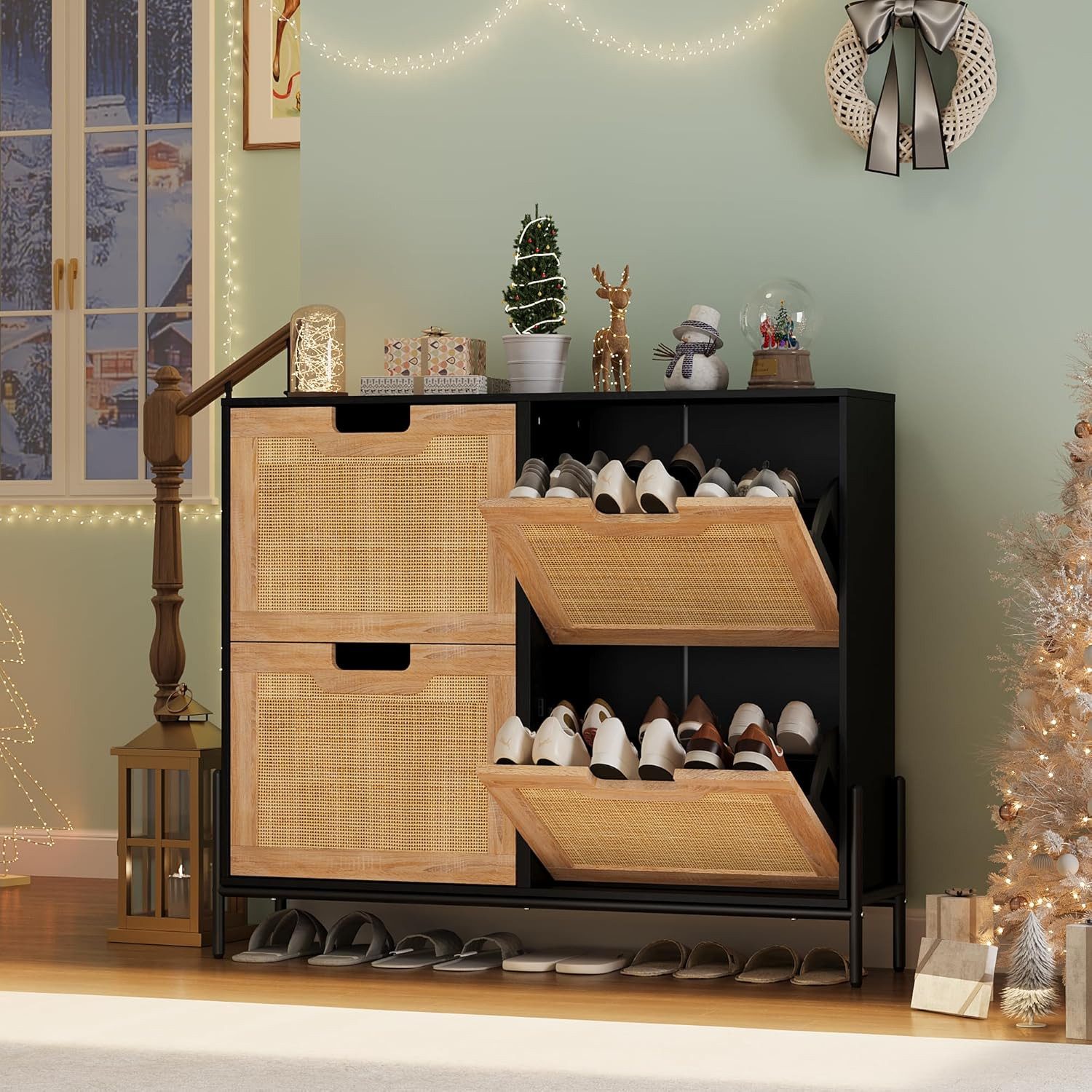 GarveeMore Schuhschrank Rattan mit 4 Klappen,Schmal Schuhkipper,100x24x88cm günstig online kaufen