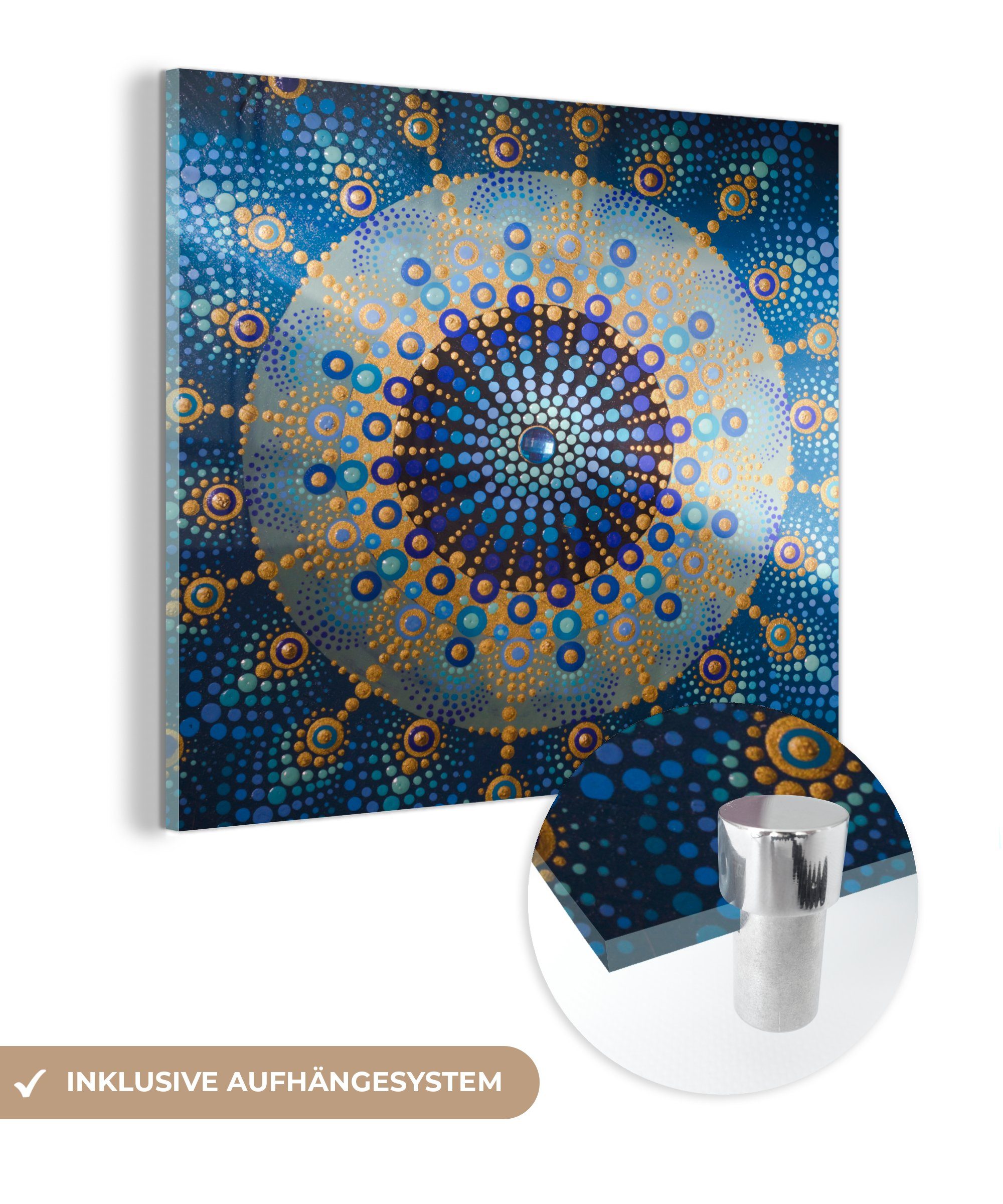 MuchoWow Acrylglasbild Kreis - Mandala - Blau - Gelb, (1 St), Glasbilder - Bilder auf Glas Wandbild - Foto auf Glas - Wanddekoration