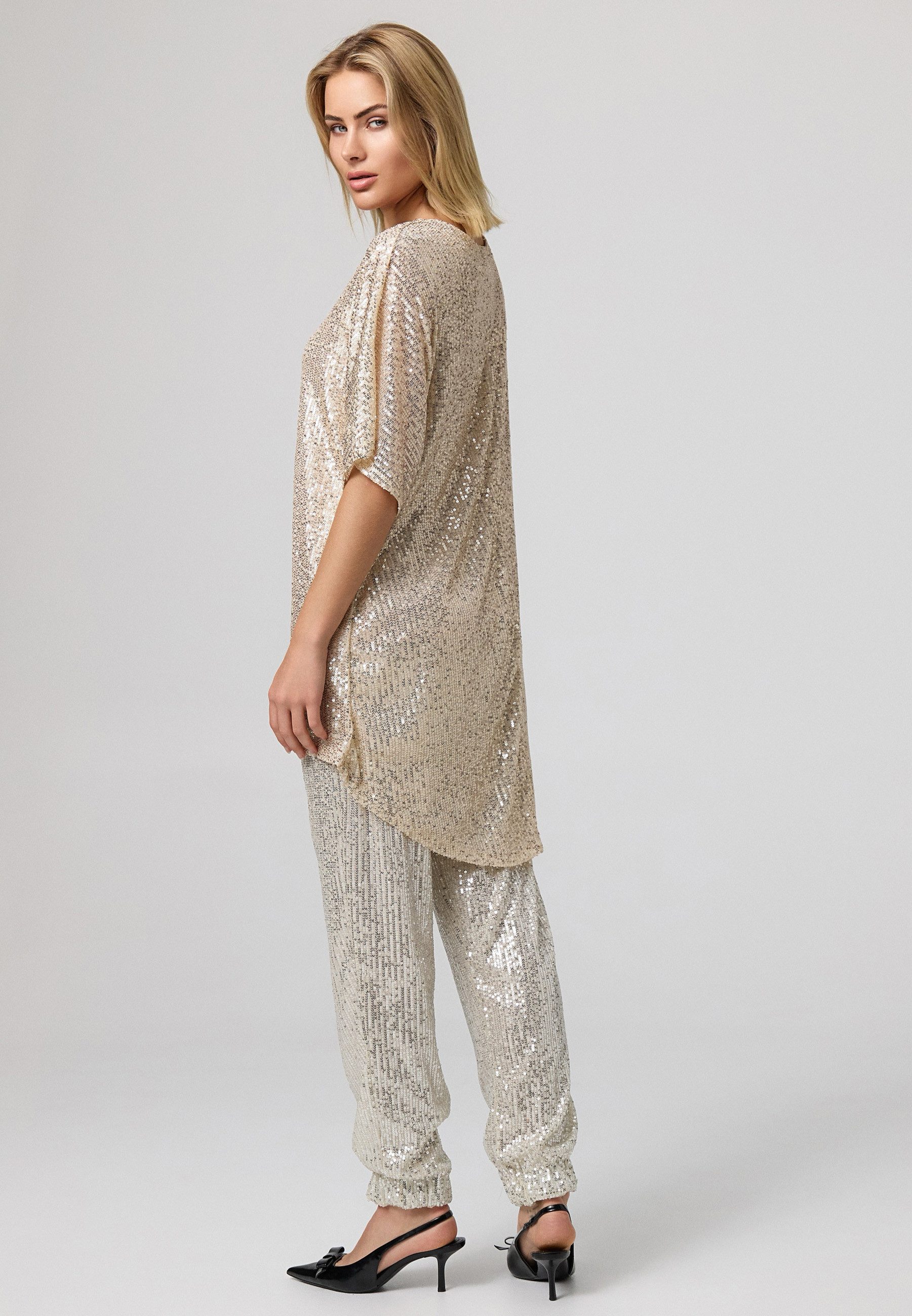 Worldclassca Paillettenshirt Worldclassca Paillettenshirt Oversize Bluse Lang mit Pailetten Party Abendmode Partymode Weihnachtsmode Hochzeitsmode Clubwear