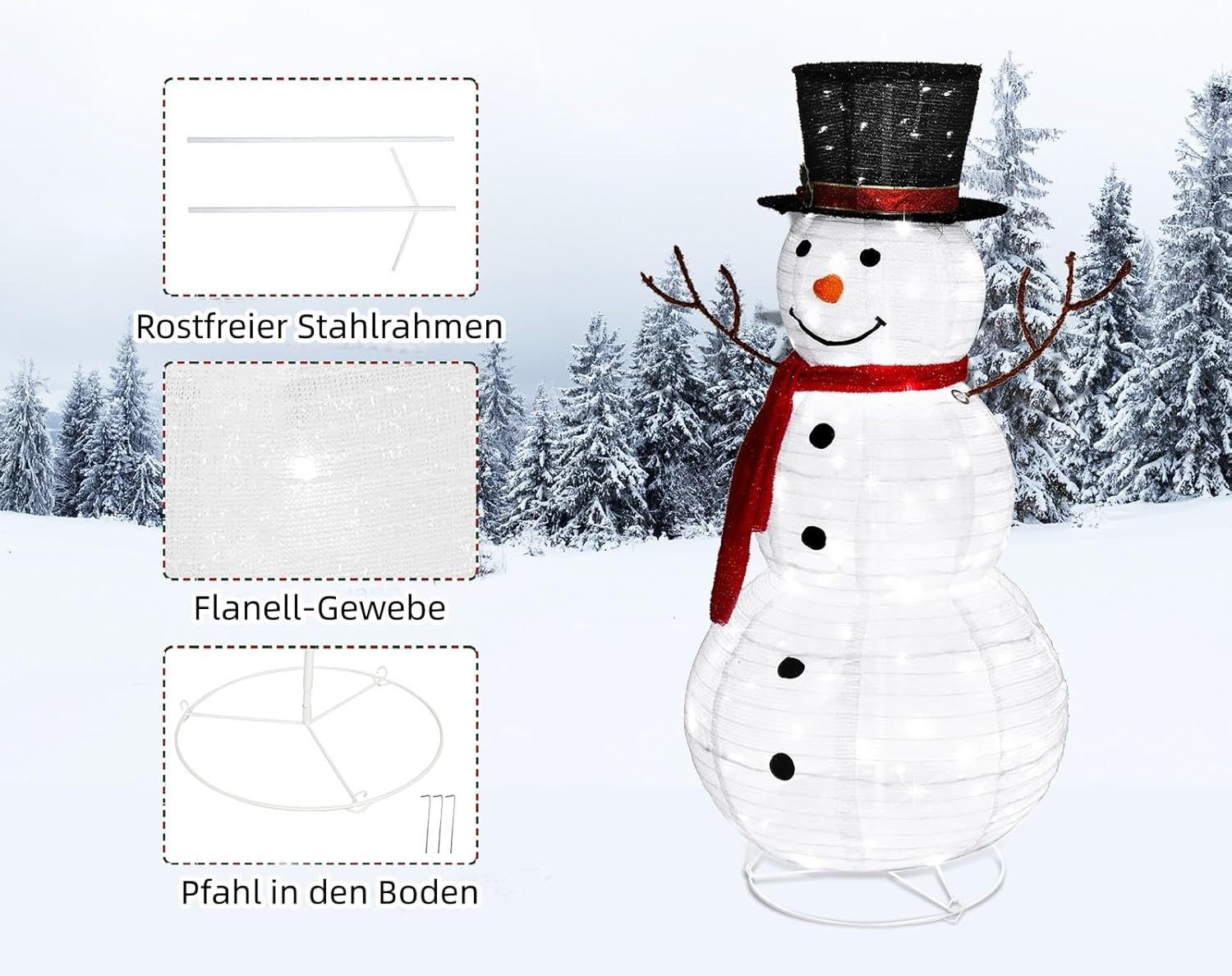 LALAHO Schneemann LED-Schneemann Weihnachten deko, 120cm mit 90 LEDs Weihnachtsbeleuchtung für Innen und Außen – Bild 4 von 5