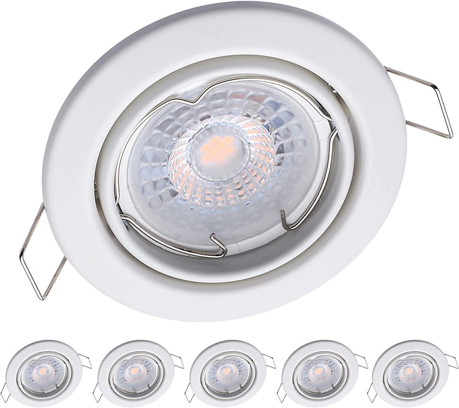 Oktaplex lighting LED Einbaustrahler 6 Stück LED Strahler flach inkl. LED Module 5W 380 Lumen, Dimmbar, Leuchtmittel wechselbar, warmweiß, 3000 Kelvin 230V schwenkbar weiß