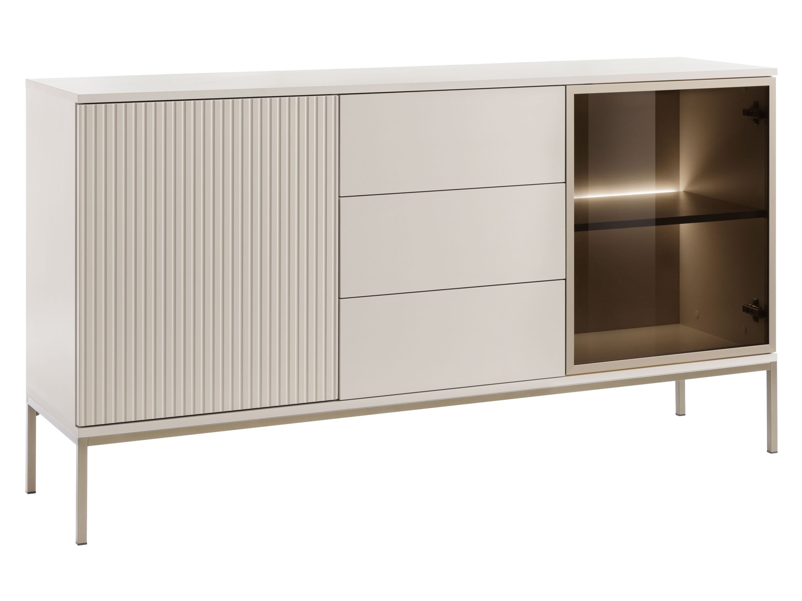 MIRJAN24 Kommode Sento KSZ154 (mit 2-Drehtüren und 3-Schubladen), mit LED-Beleuchtung, Untergestell aus Metall