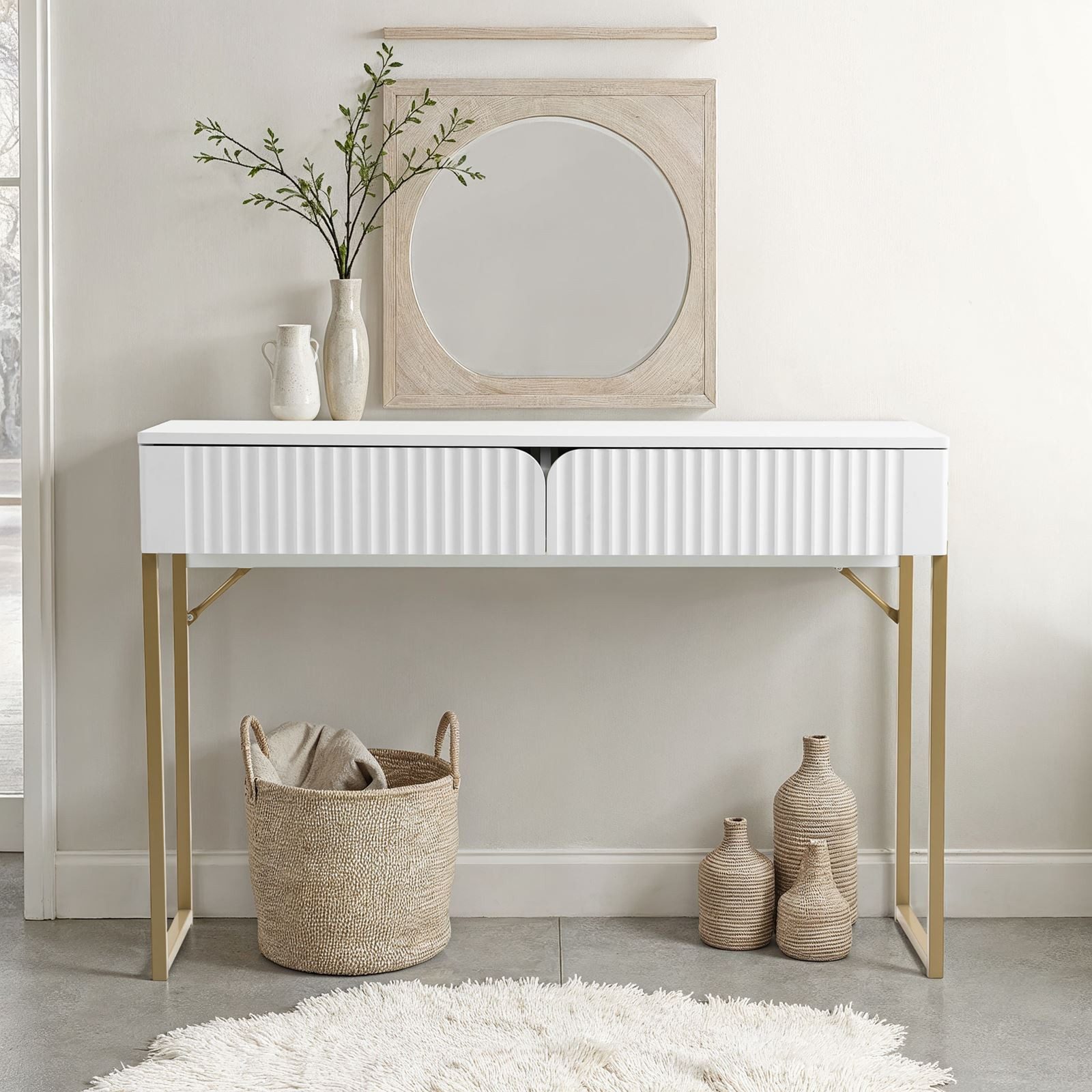 IDIMEX Konsolentisch FRIBO, Schminktisch mit Rillenfront Metallgestell und 2 Schubladen weiß/gold