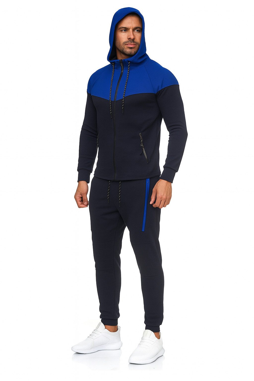 L.gonline Freizeitanzug Herren Jogginganzug, Freizeitanzug 984 schwarz/blau S (Kapuzenjacke mit Reißverschluss, Hose, 2-tlg), Fitness Freizeit Casual