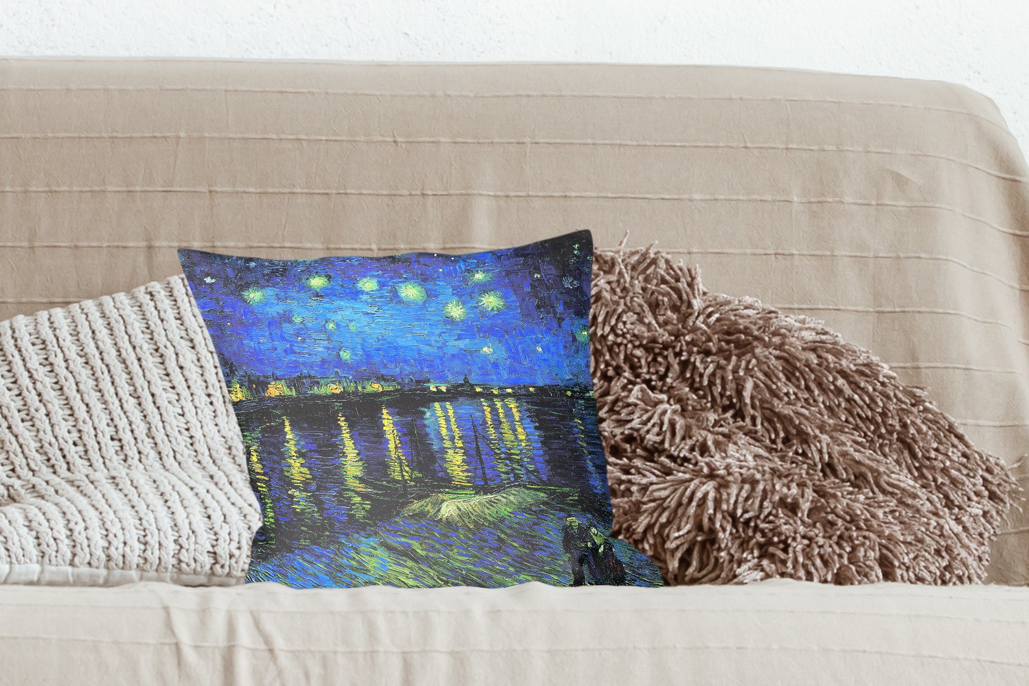Schlafzimmer, sternenklare von Sofakissen van MuchoWow Dekokissen Die - Gemälde Füllung für Vincent mit Nacht Gogh, Deko, Wohzimmer, Zierkissen