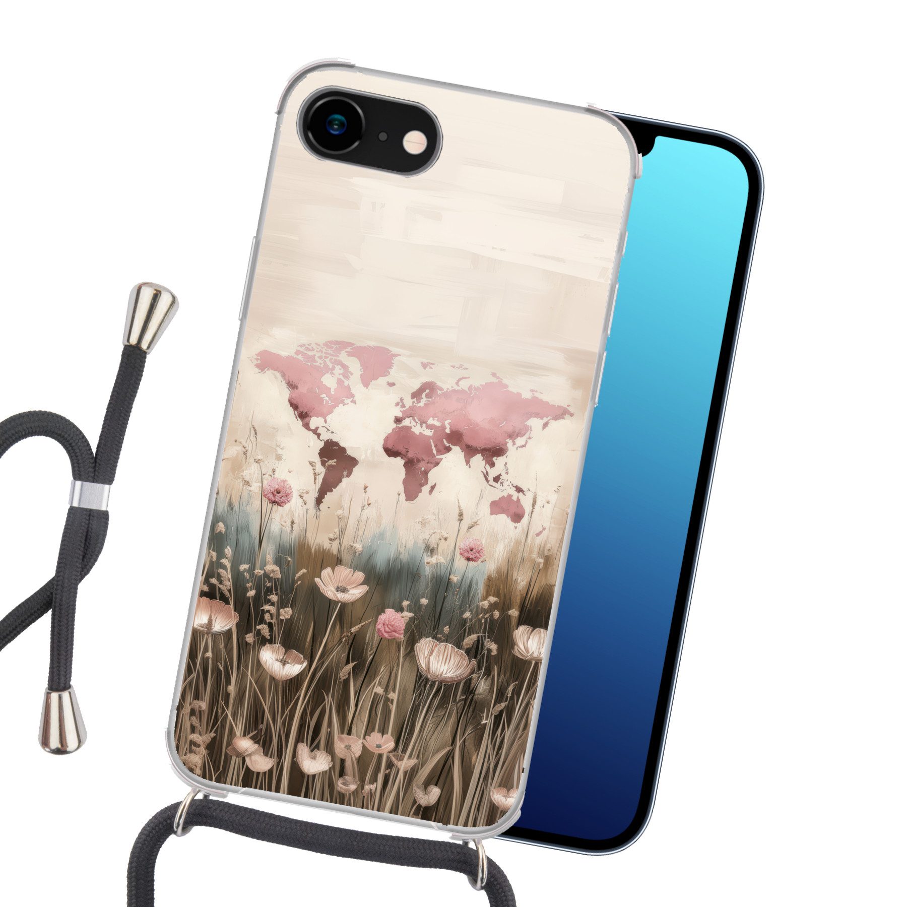 MuchoWow Handyhülle für Apple iPhone 8 Weltkarte - Rosa - Blumen, Tragbare Handyhüllen mit Kette zum umhängen, Handykette Handyband