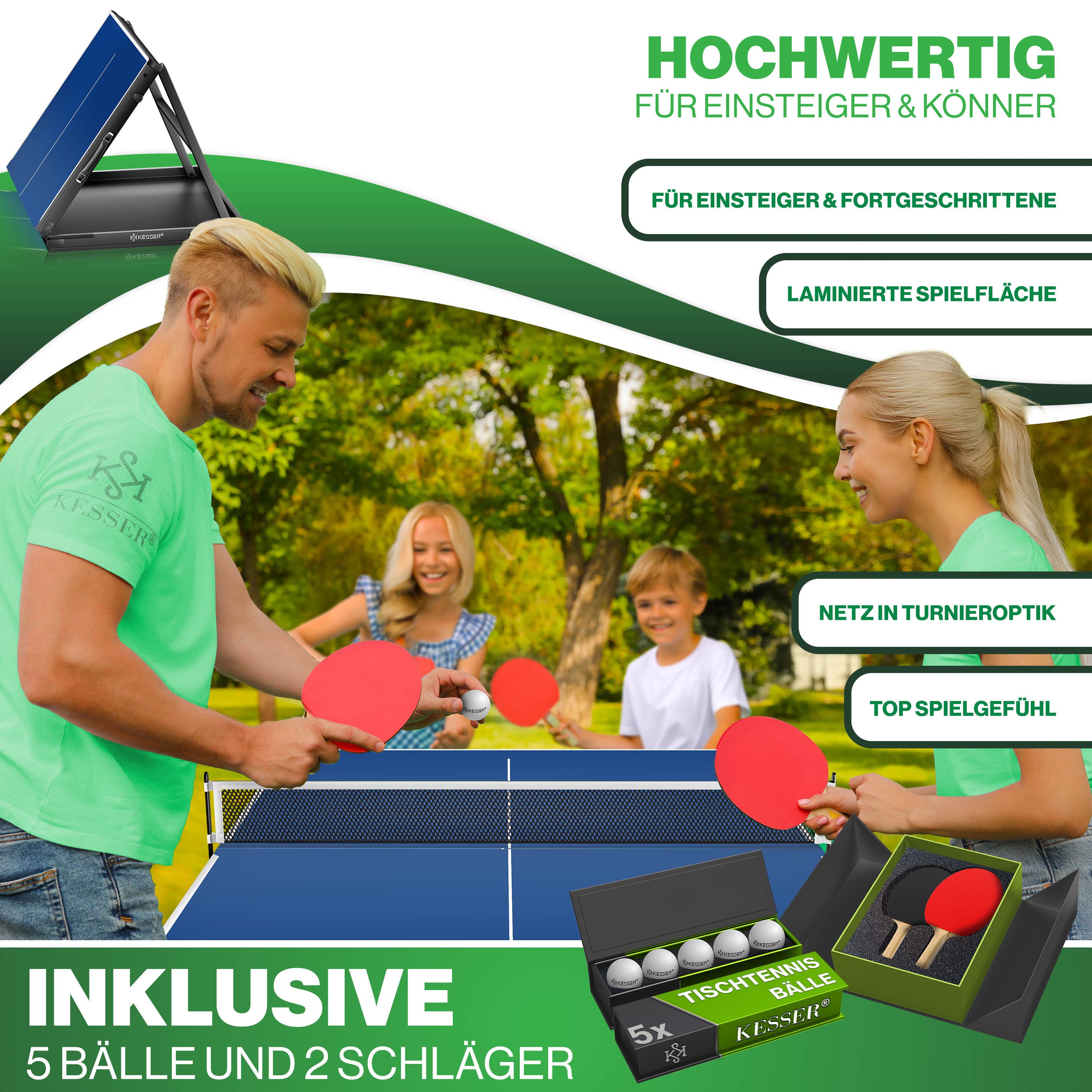 KESSER Mini-Tischtennisplatte Tischtennis Set, klappbarer Tischtennistisch (mit Netz, 2x Tischtennisschläger, 5x Tischtennisbälle & Zubehör-Tasche), In & Outdoor-fähig (im wettergeschützten Bereich)