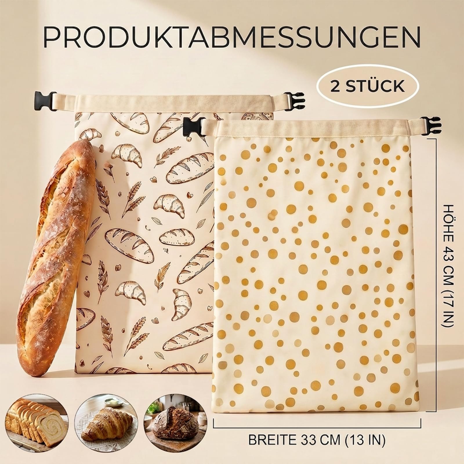 Diwzbyn Brottasche Bienenwachs Brotbeutel 2er Set 33x43 cm,Brotsack zur Brotaufbewahrung, (2-tlg), Stoff Brot Aufbewahrungsbeutel für Selbstgebackenes Brot – Bild 2 von 5