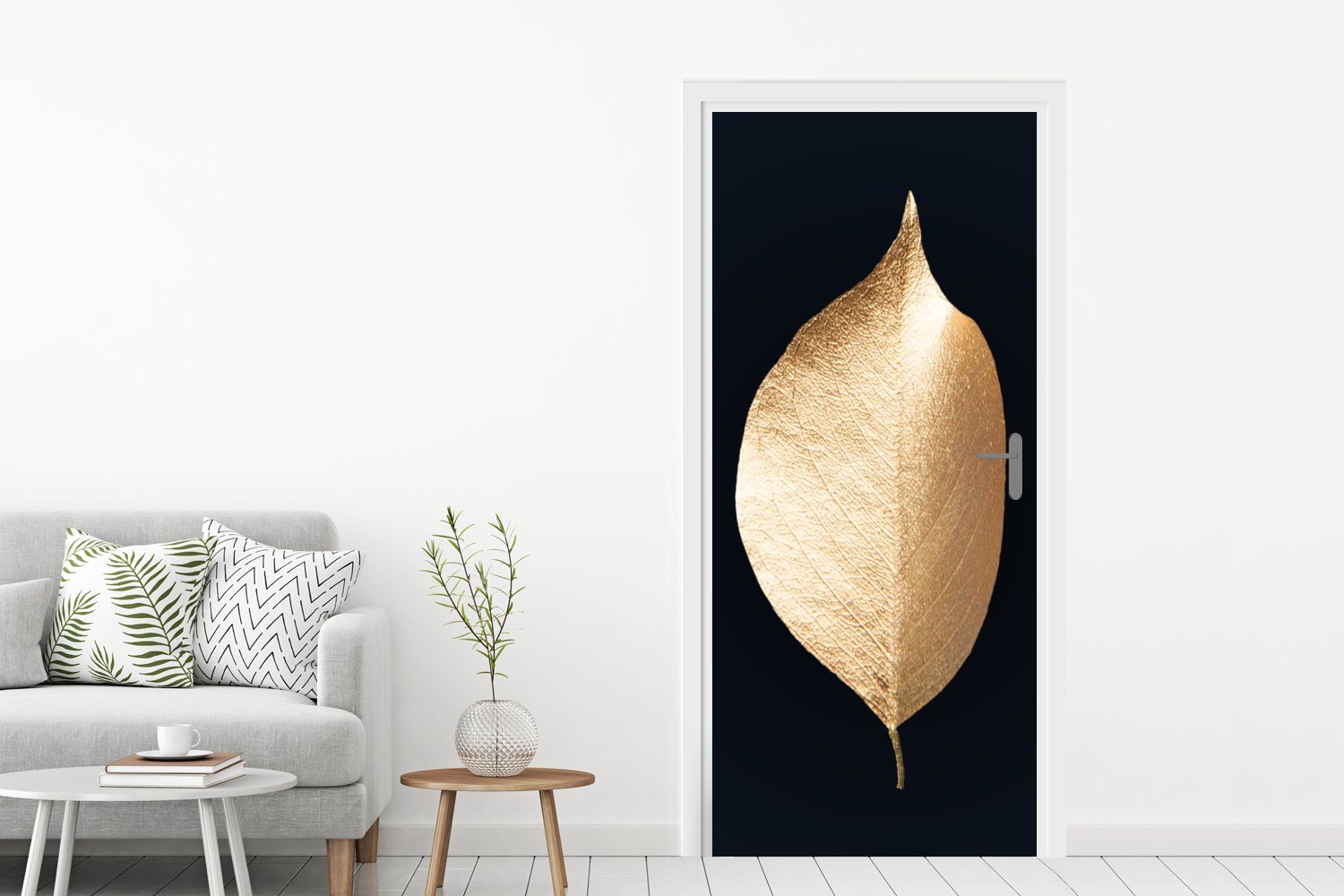 bedruckt, Blätter Tür, Gold Matt, - 75x205 für MuchoWow Luxus, Schwarz Fototapete Türaufkleber, St), cm Pflanzen Türtapete (1 - - -