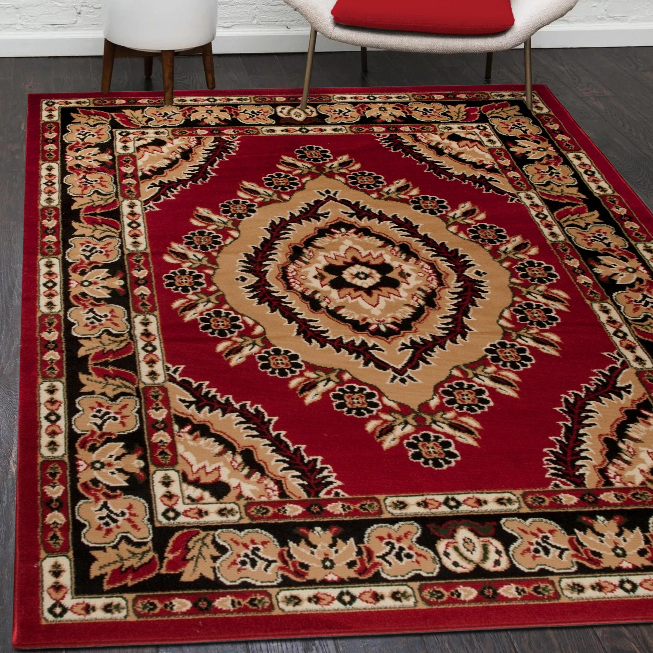 Orientteppich Orientalisch Vintage Teppich Kurzflor Wohnzimmerteppich Rot, Mazovia, 60 x 100 cm, Fußbodenheizung, Allergiker geeignet, Farbecht, Pflegeleicht Rot / 4493A-RED
