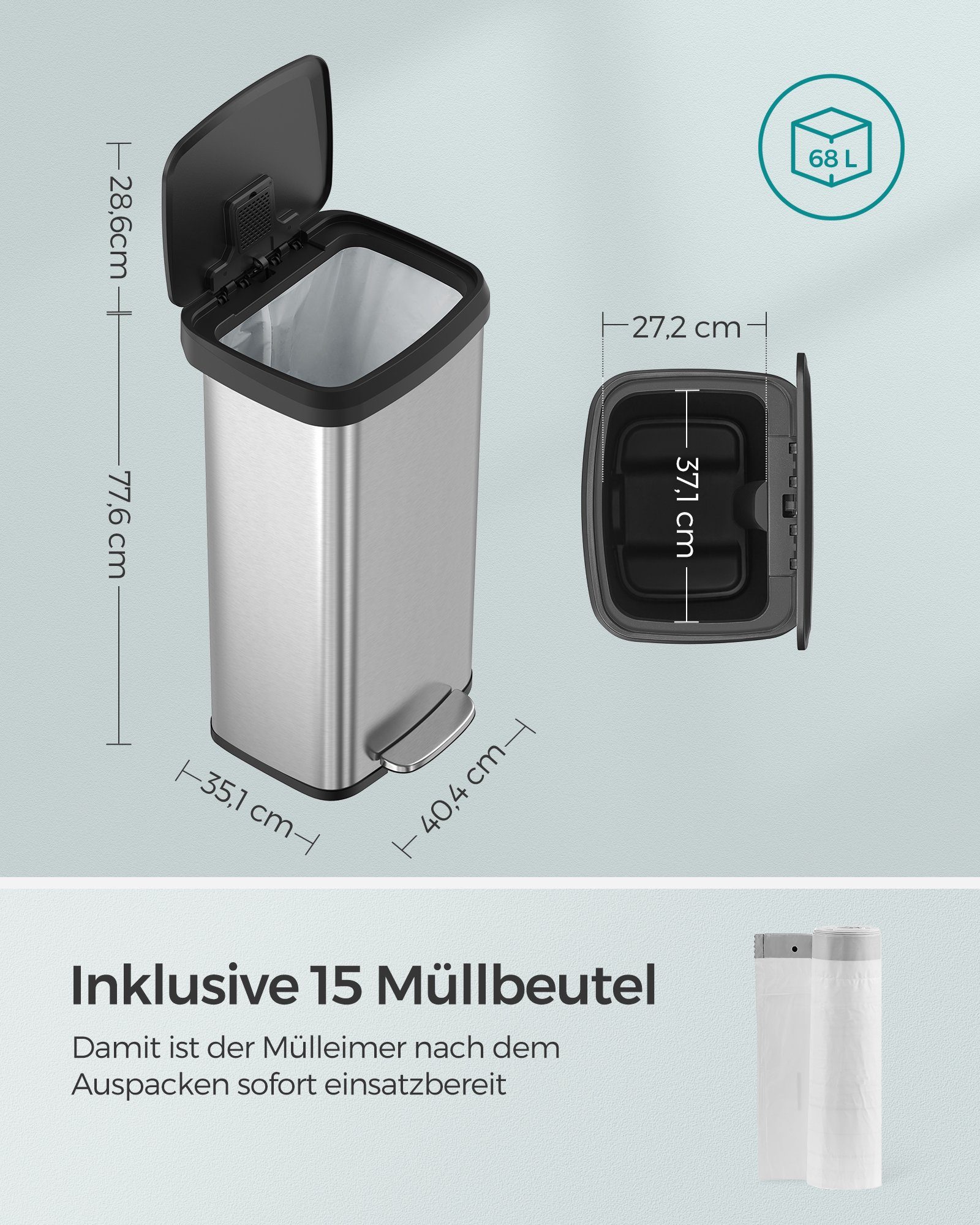 SONGMICS Mülleimer, 68 Liter, Abfalleimer Tretmülleimer aus Metall hoch ...
